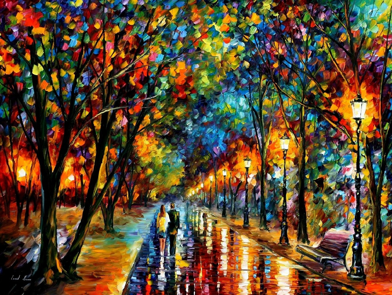 Couple walking on a colorful street with streetlights HD Wallpaper