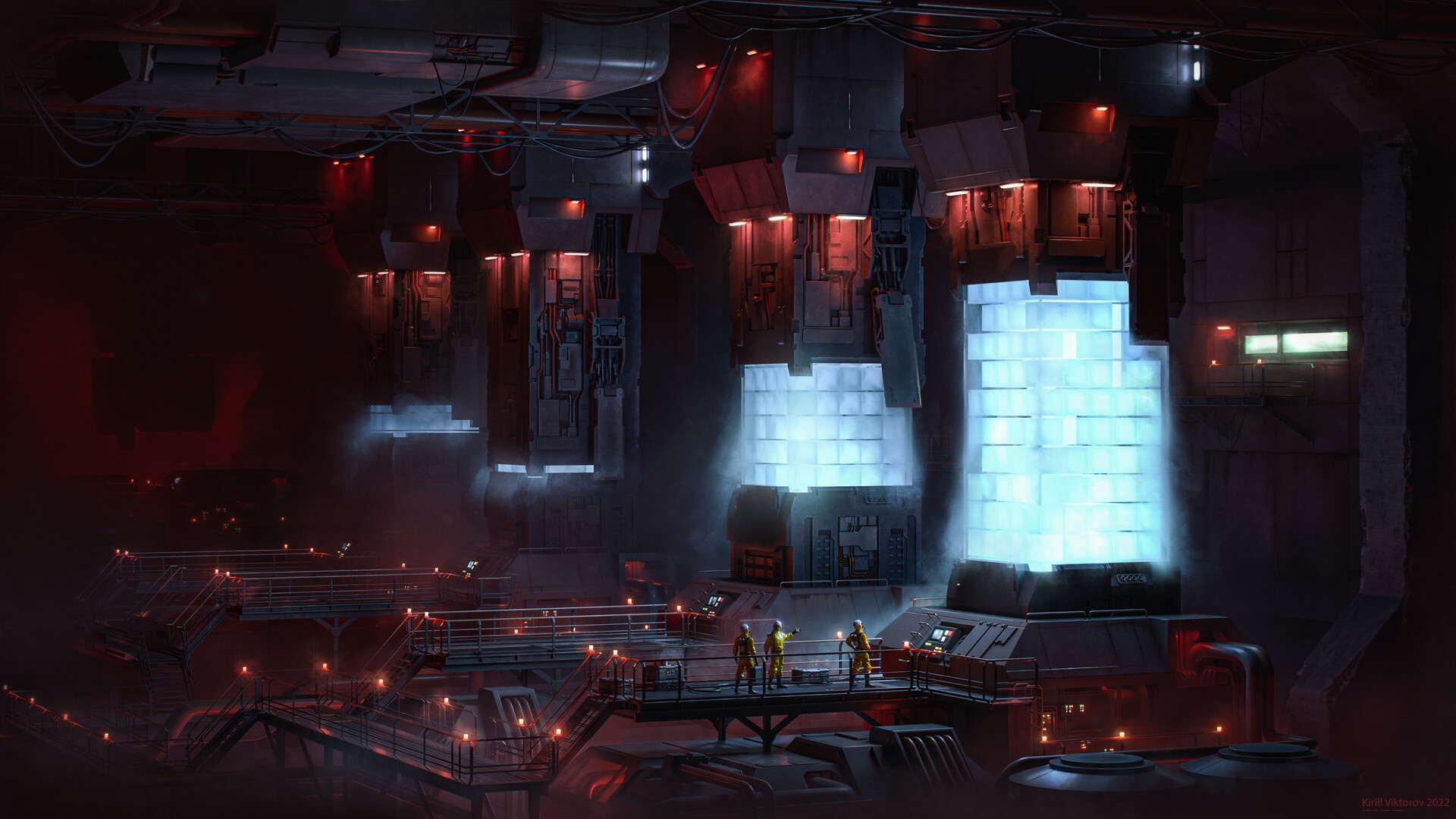 Futuristic industrial facility with glowing blue energy columns HD Wallpaper