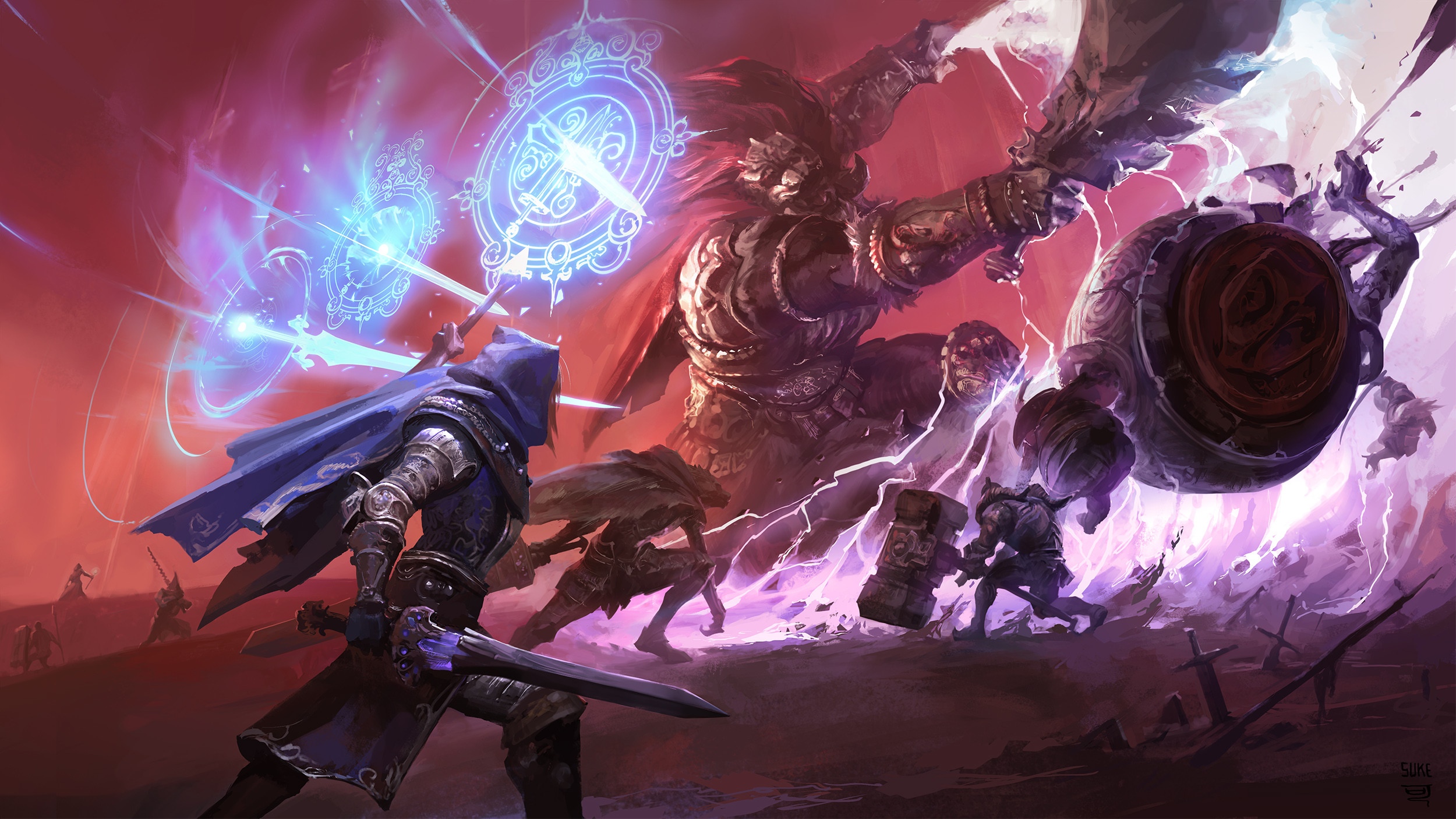 Elden Ring artwork of a battle with a giant HD Wallpaper