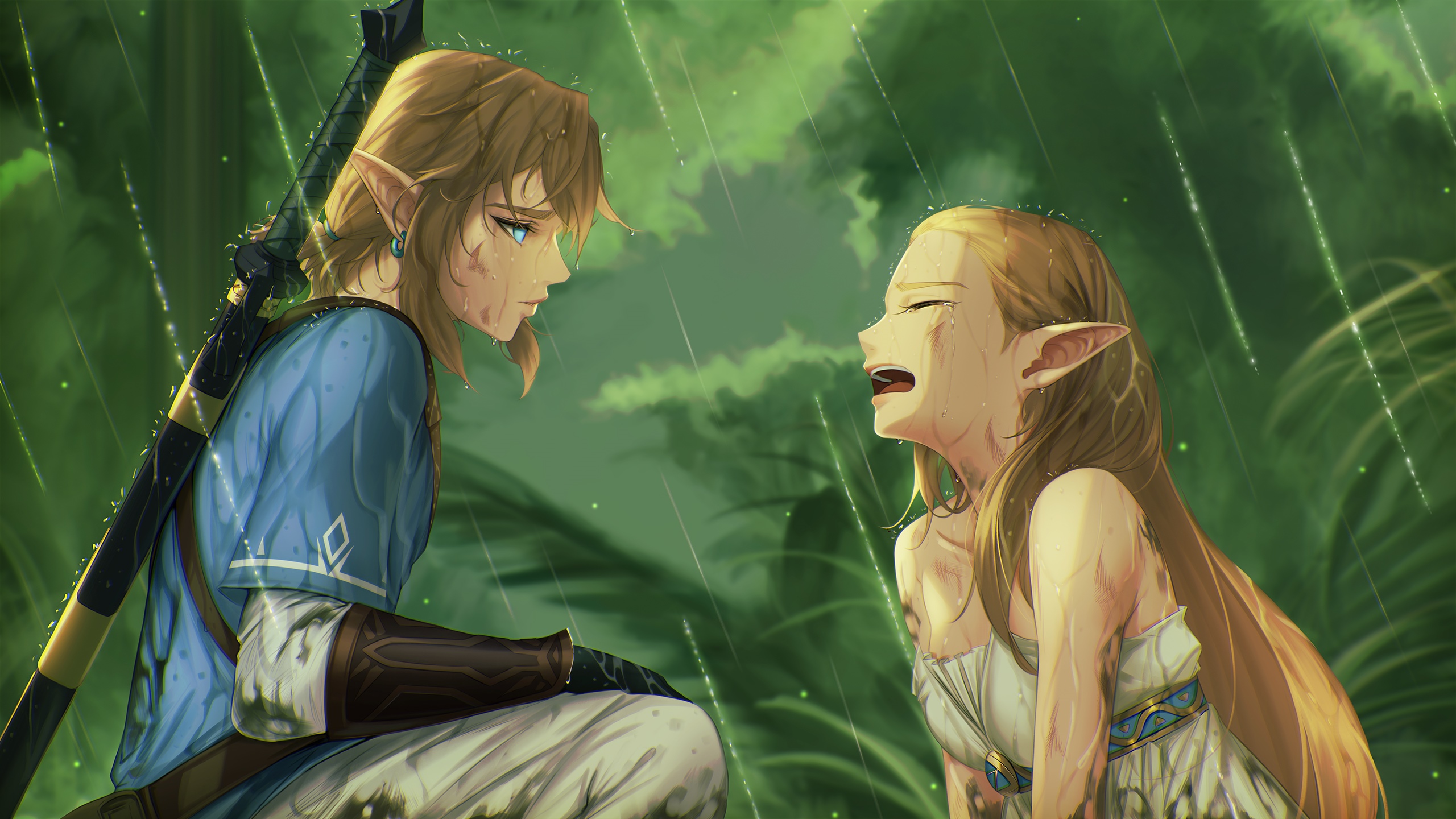Link and Zelda crying in the rain HD Wallpaper