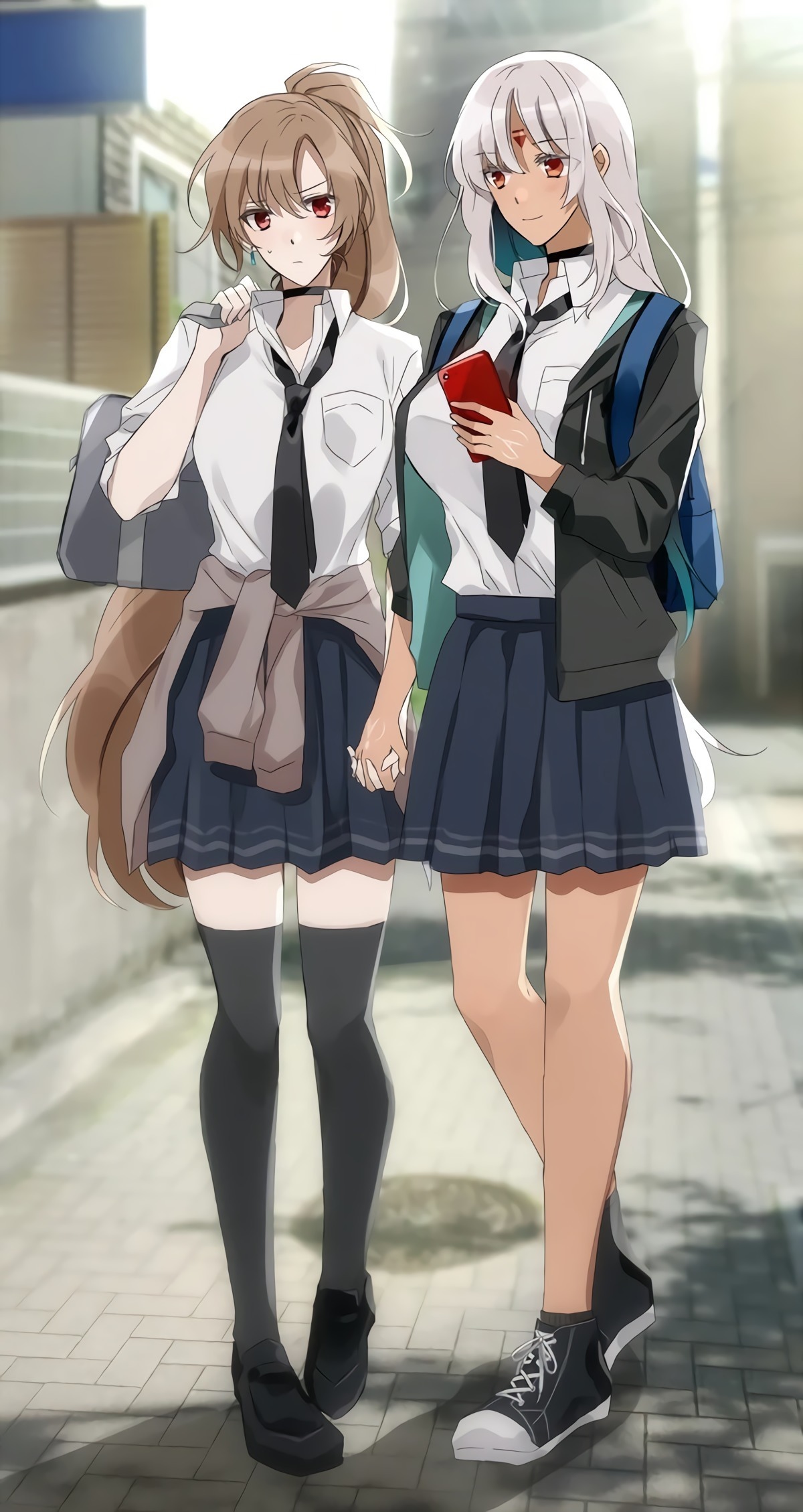 Azur Lane's Jean Bart and companion in school uniforms HD Phone Wallpaper