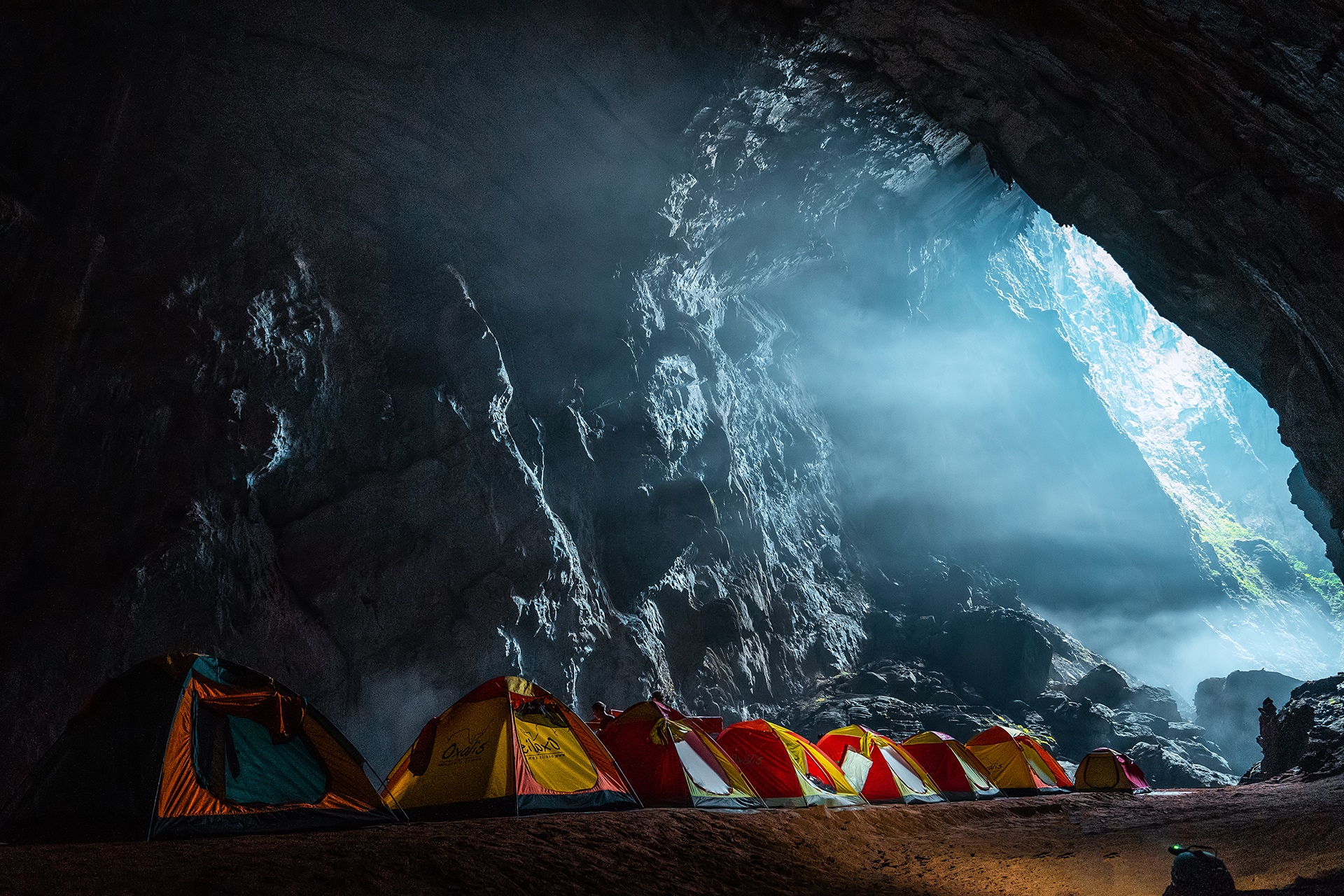 Tents inside Hang Son Doong cave in Vietnam HD Wallpaper