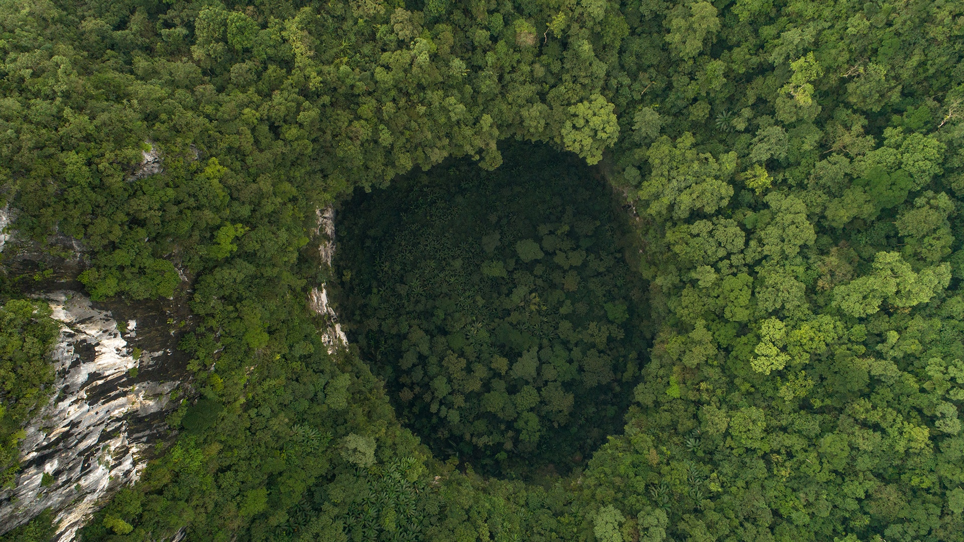 Aerial view of Hang Son Doong cave entrance in Vietnam HD Wallpaper