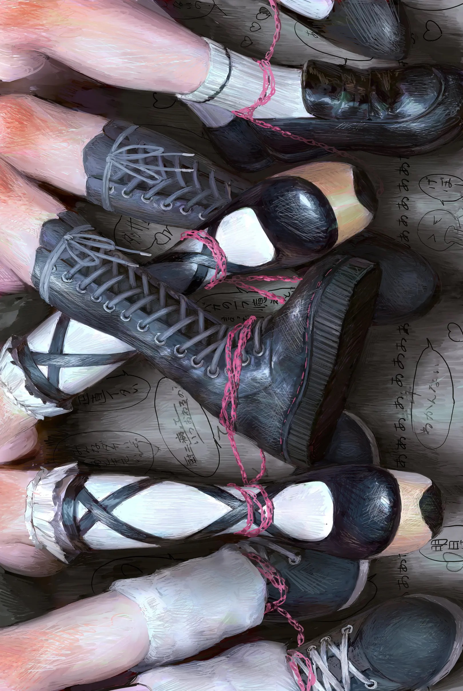 Legs bound with pink string and wearing various shoes HD Phone Wallpaper