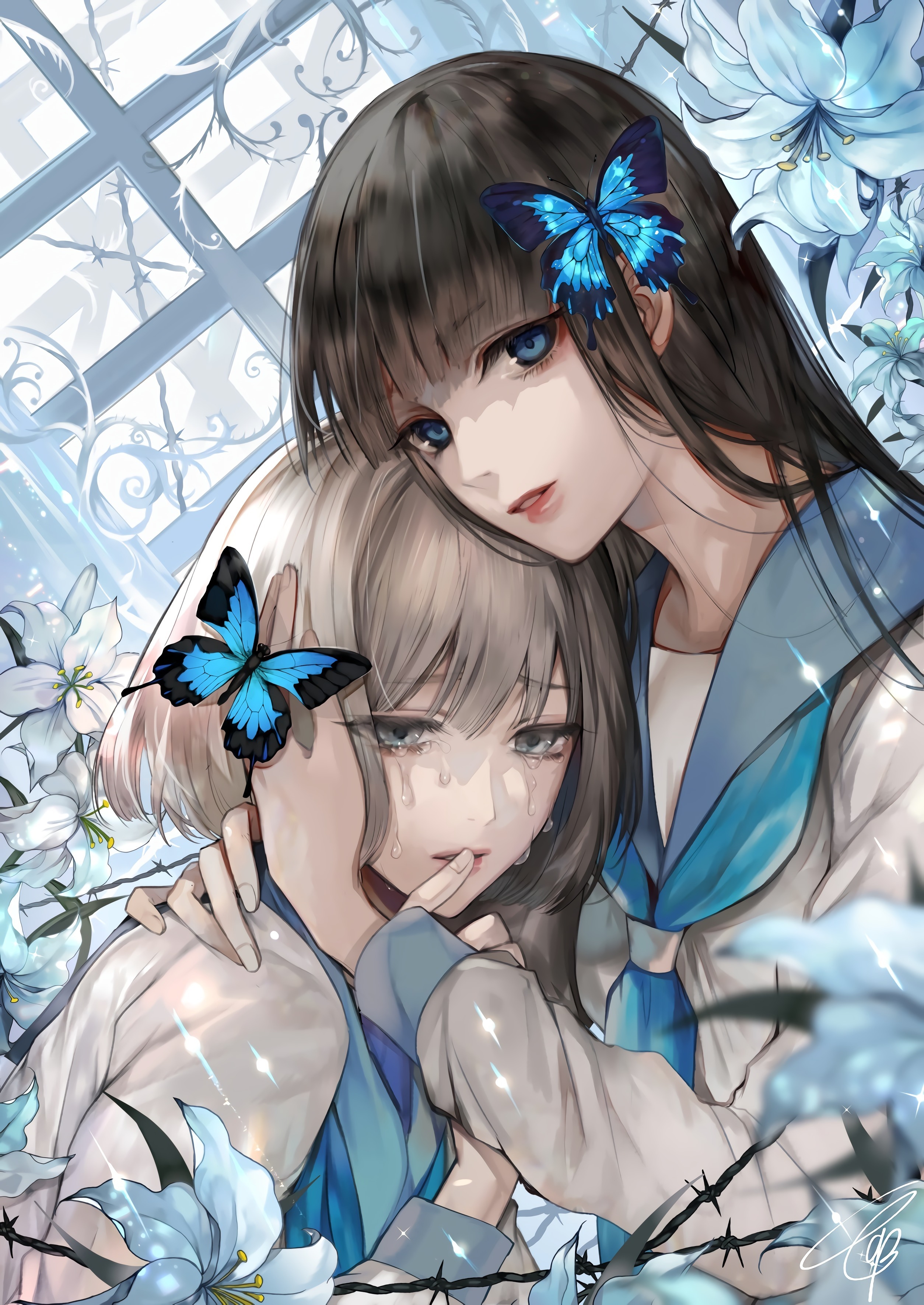 Two girls in school uniforms with butterflies and lilies HD Phone Wallpaper