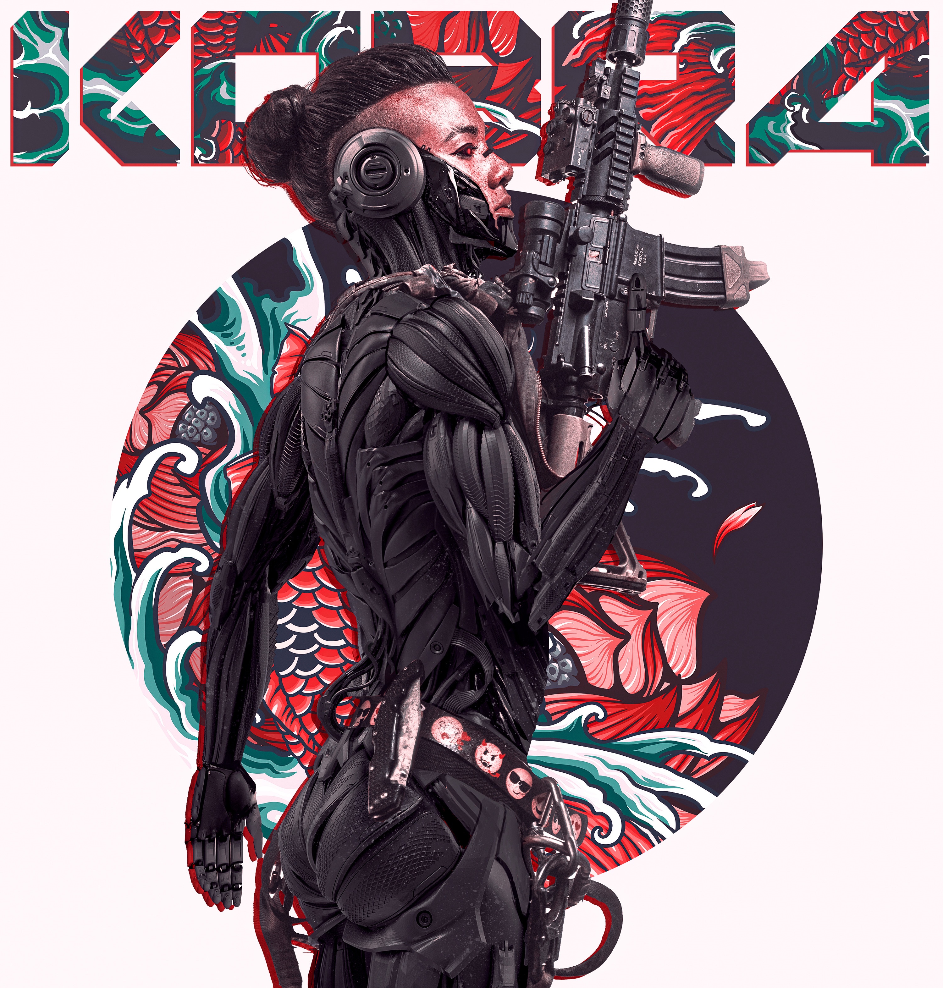 Cyborg woman with machine gun and Japanese art HD Wallpaper