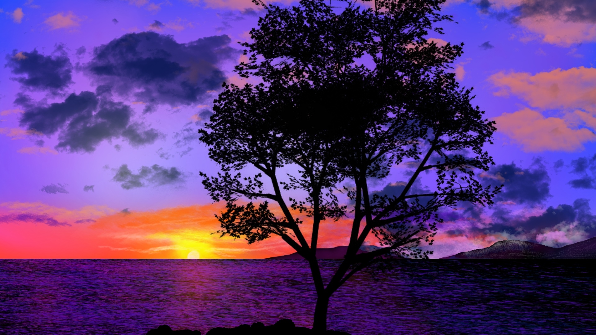 Digital painting of a tree at twilight by the sea HD Wallpaper