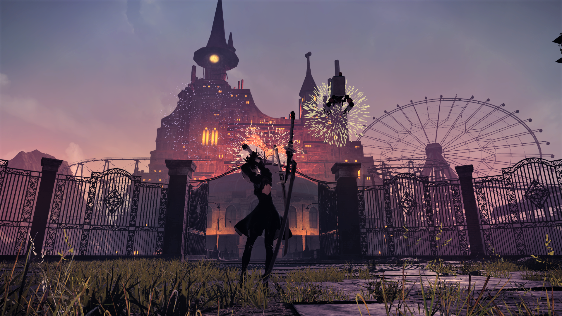 2B in front of a castle with fireworks HD Wallpaper