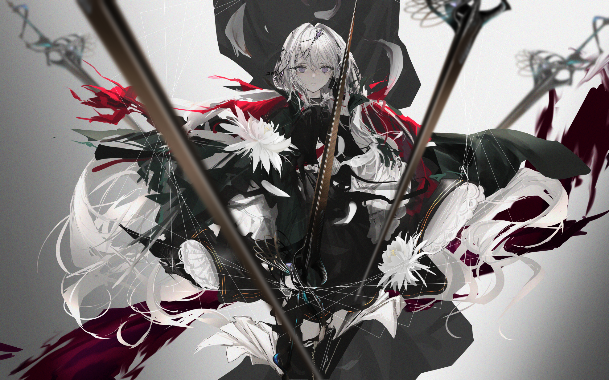 Anime girl with white hair and red accents HD Wallpaper