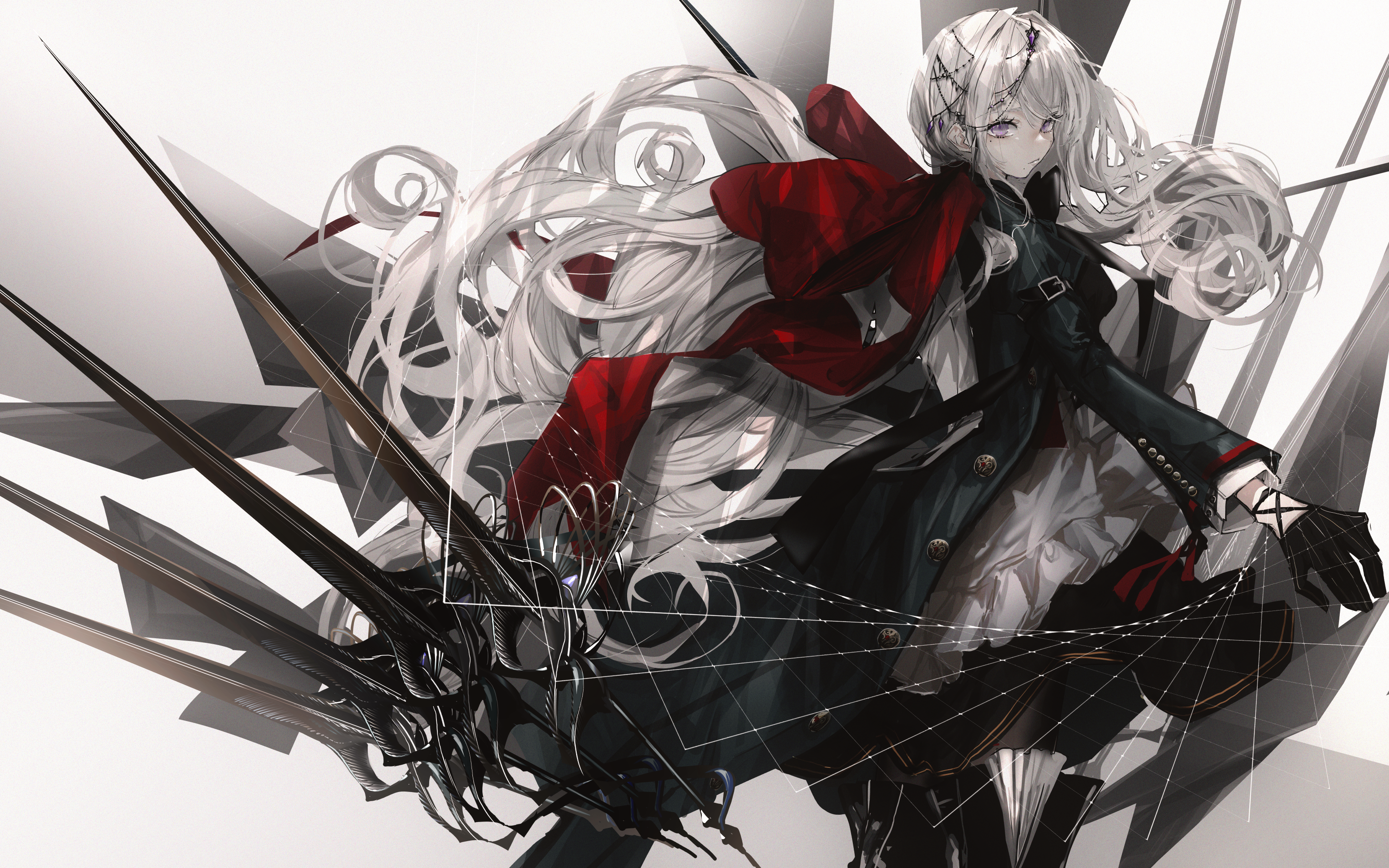 Anime girl with white hair and red scarf HD Wallpaper