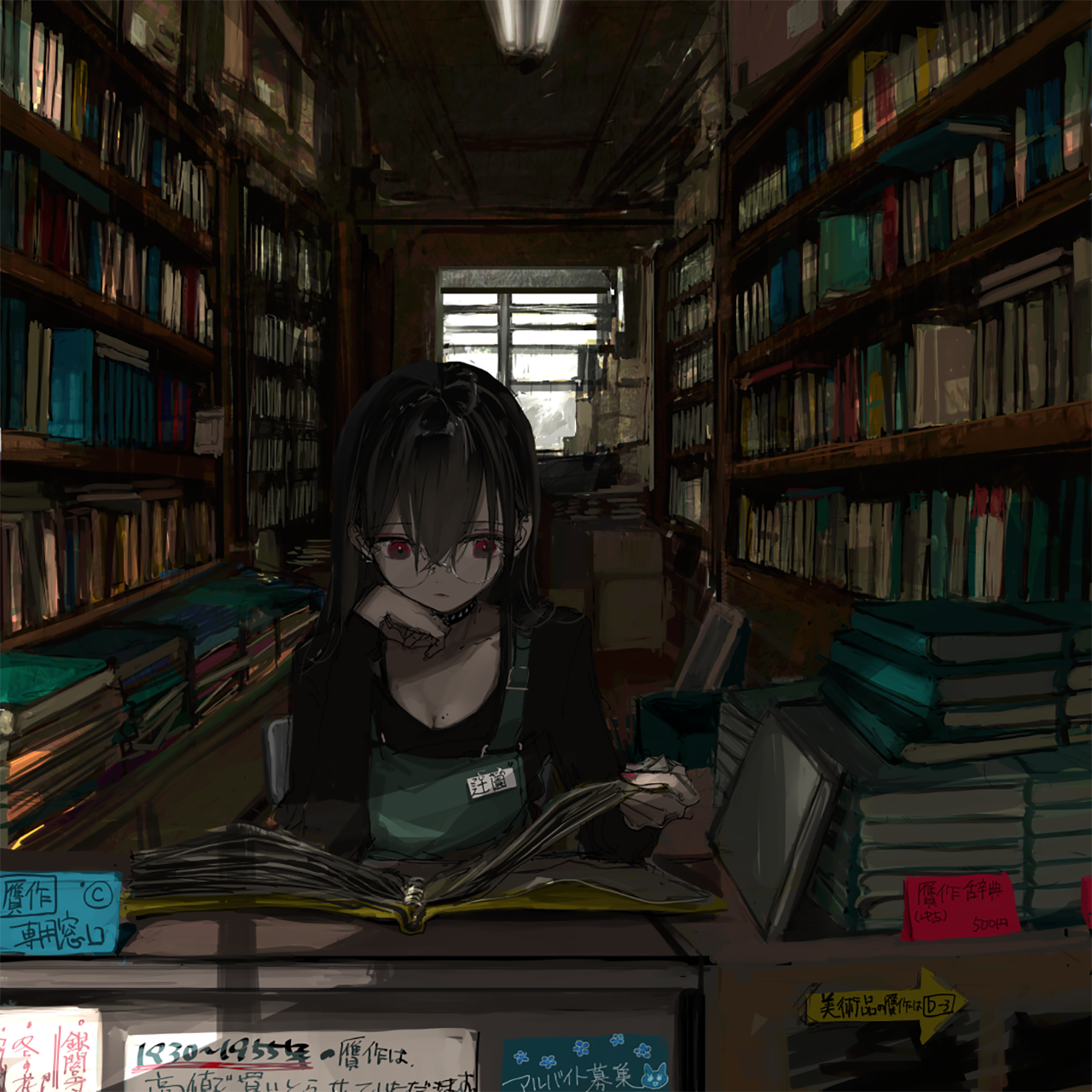 Girl reading in a library with bookshelves HD Wallpaper