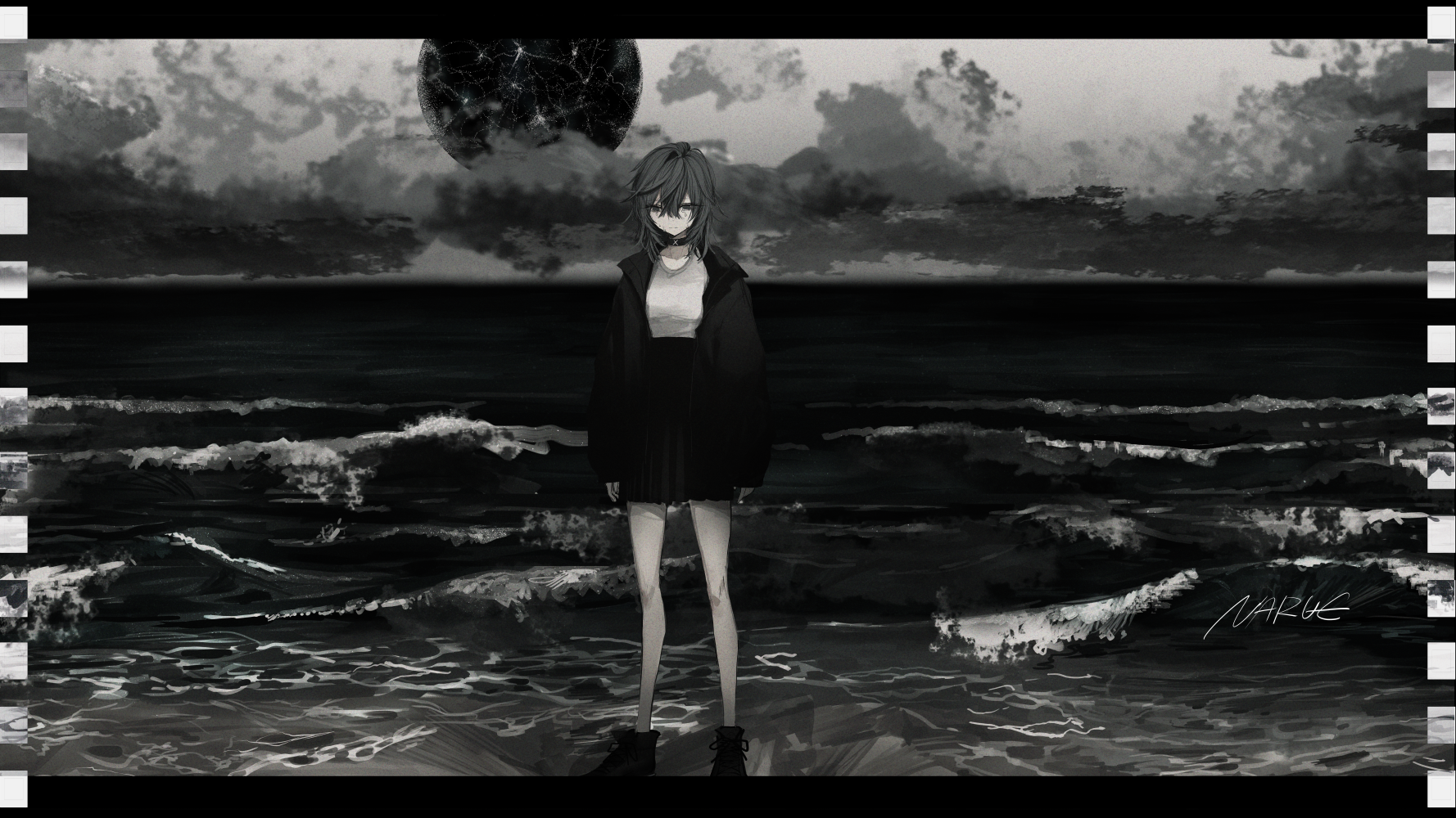 Anime girl by the sea under a dark moon HD Wallpaper