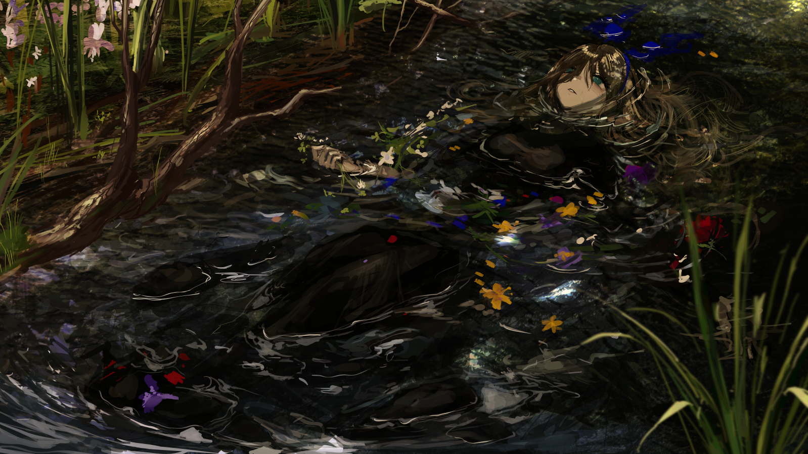 Anime girl floating in dark water with flowers HD Wallpaper