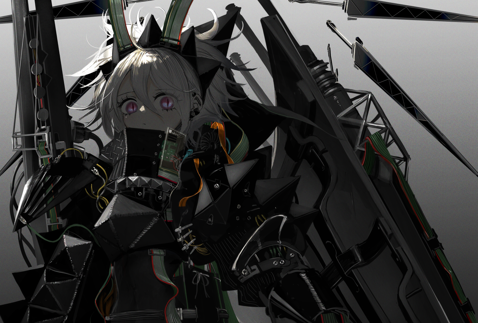 Anime girl with cybernetic armor and swords HD Wallpaper