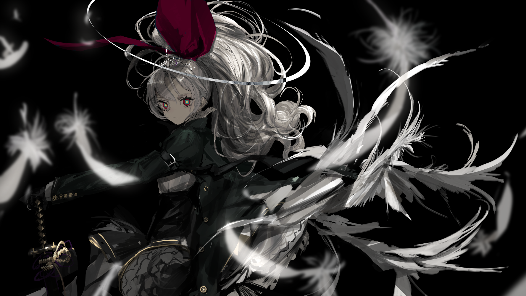 Anime girl with white hair and red eyes, dark outfit, feathers HD Wallpaper