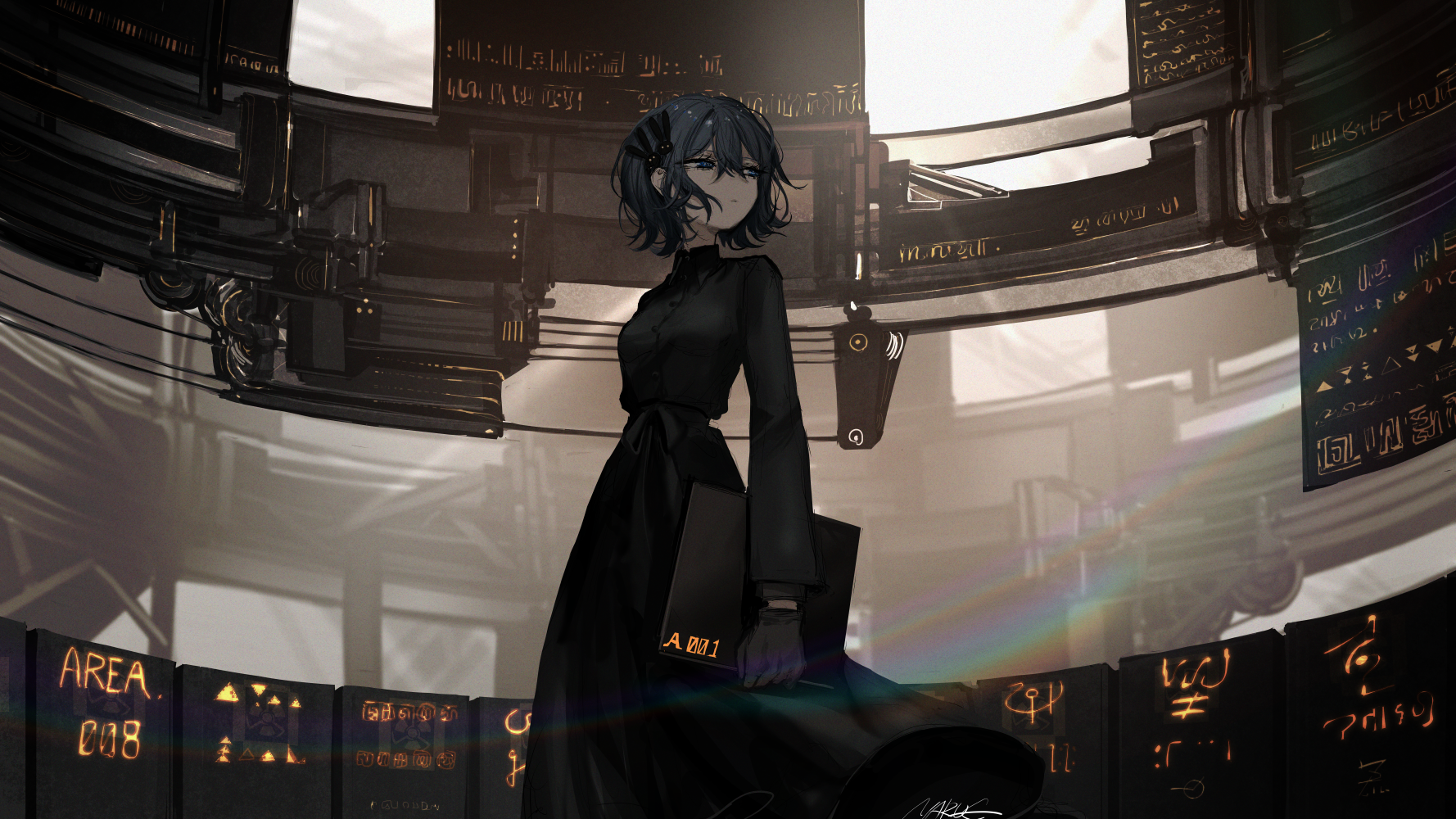 Anime girl in black dress holding documents in futuristic area HD Wallpaper
