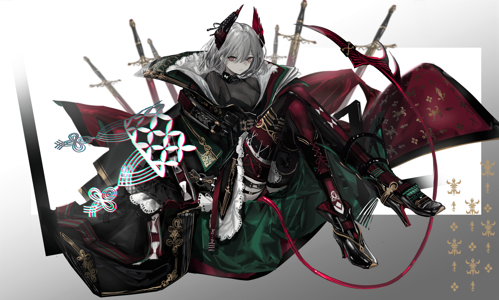 Anime girl with swords and red and green outfit HD Wallpaper
