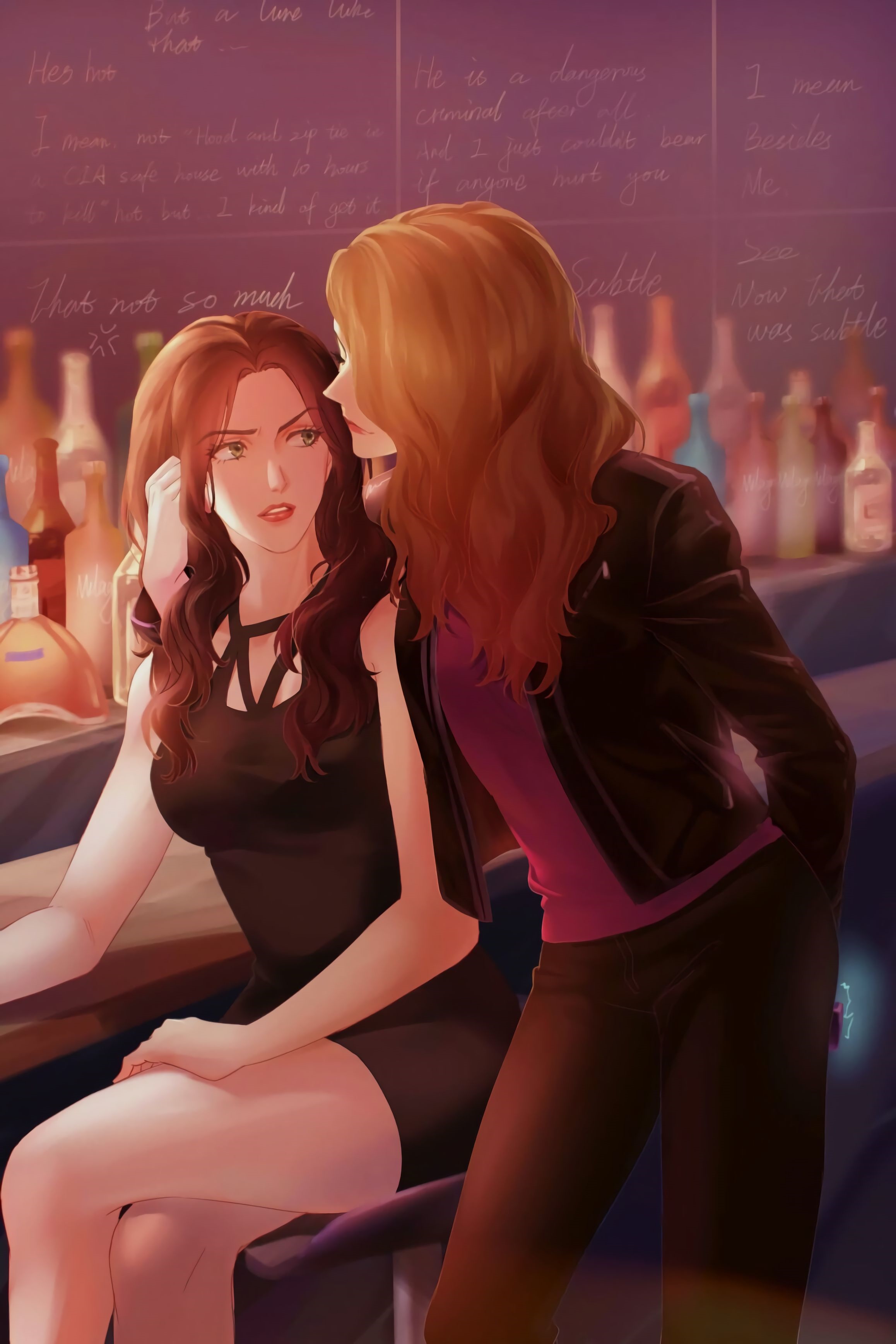 Two women talking at a bar with bottles in the background HD Phone Wallpaper
