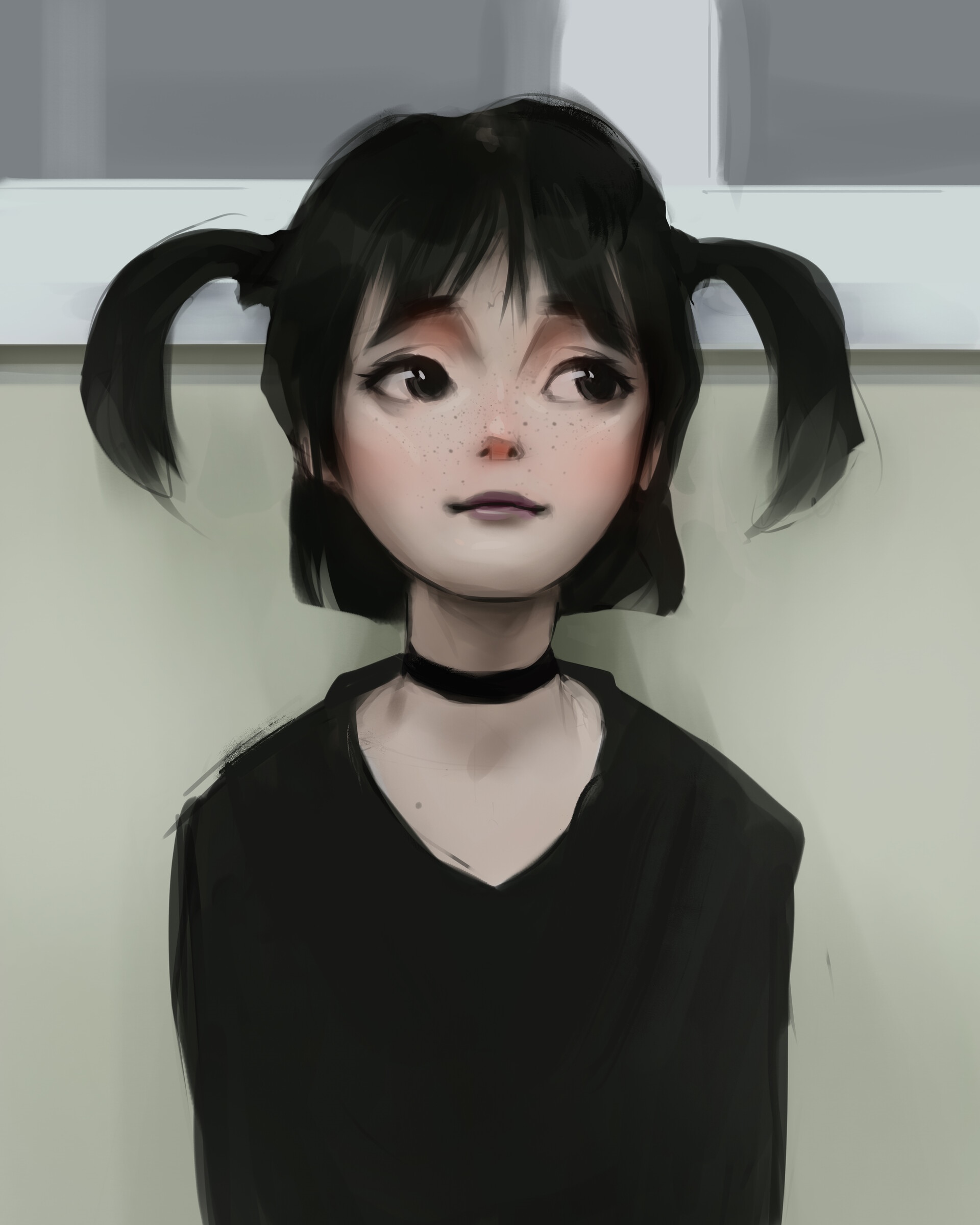 Girl with twintails and freckles wearing a black choker HD Phone Wallpaper