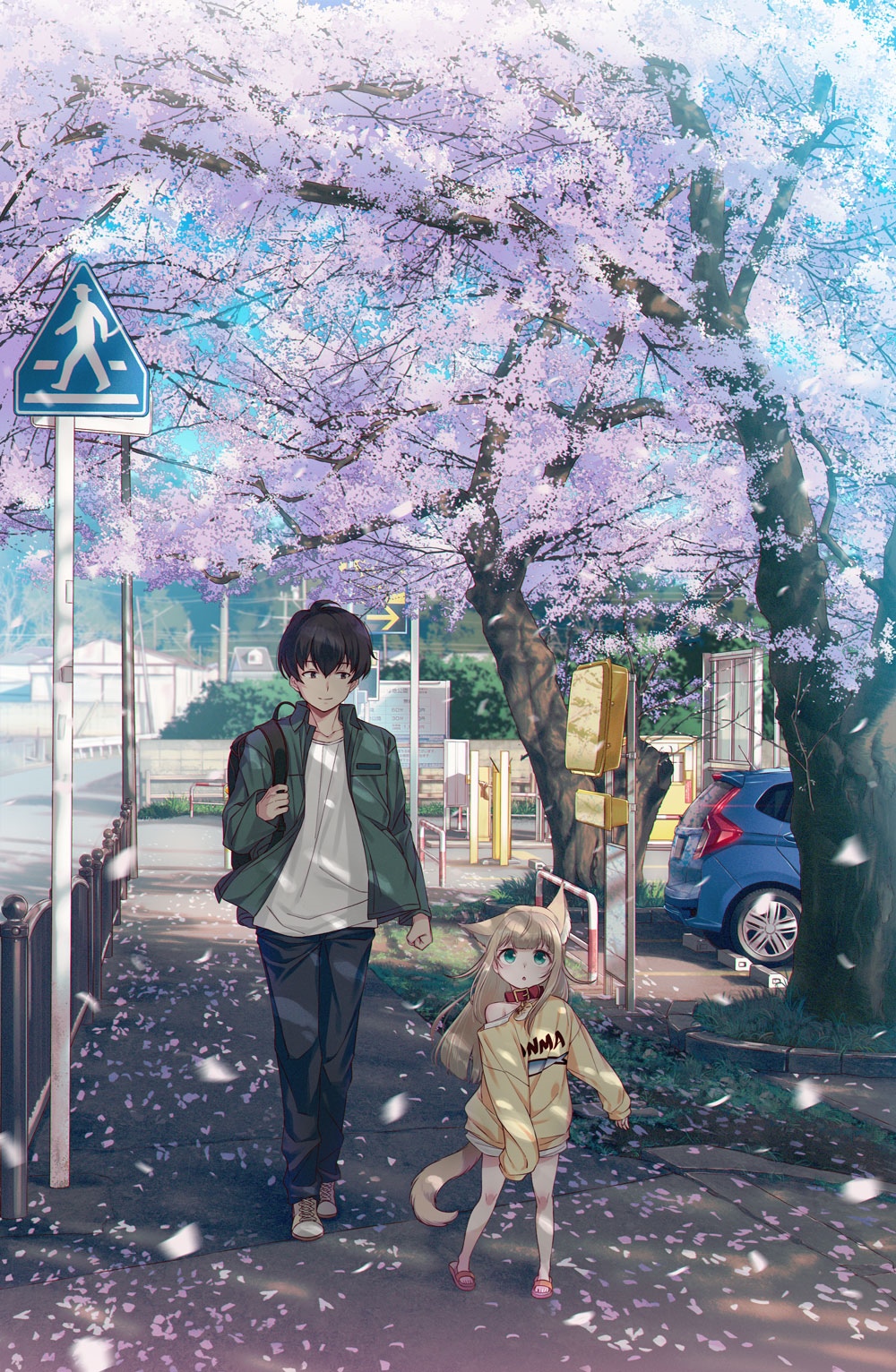 Anime boy and cat girl walk under cherry blossoms HD Phone Wallpaper
