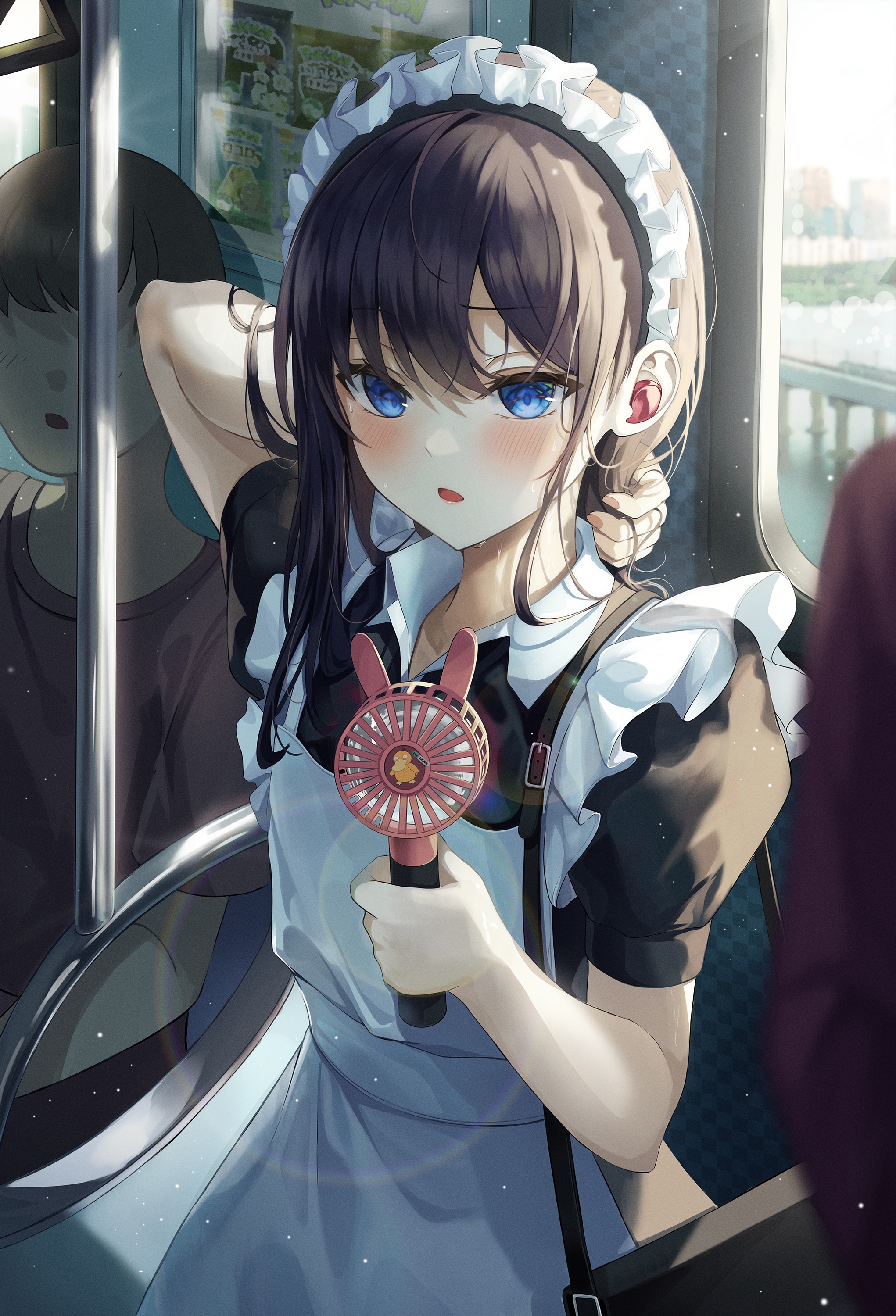 Maid girl with blue eyes holding a fan on a train HD Phone Wallpaper