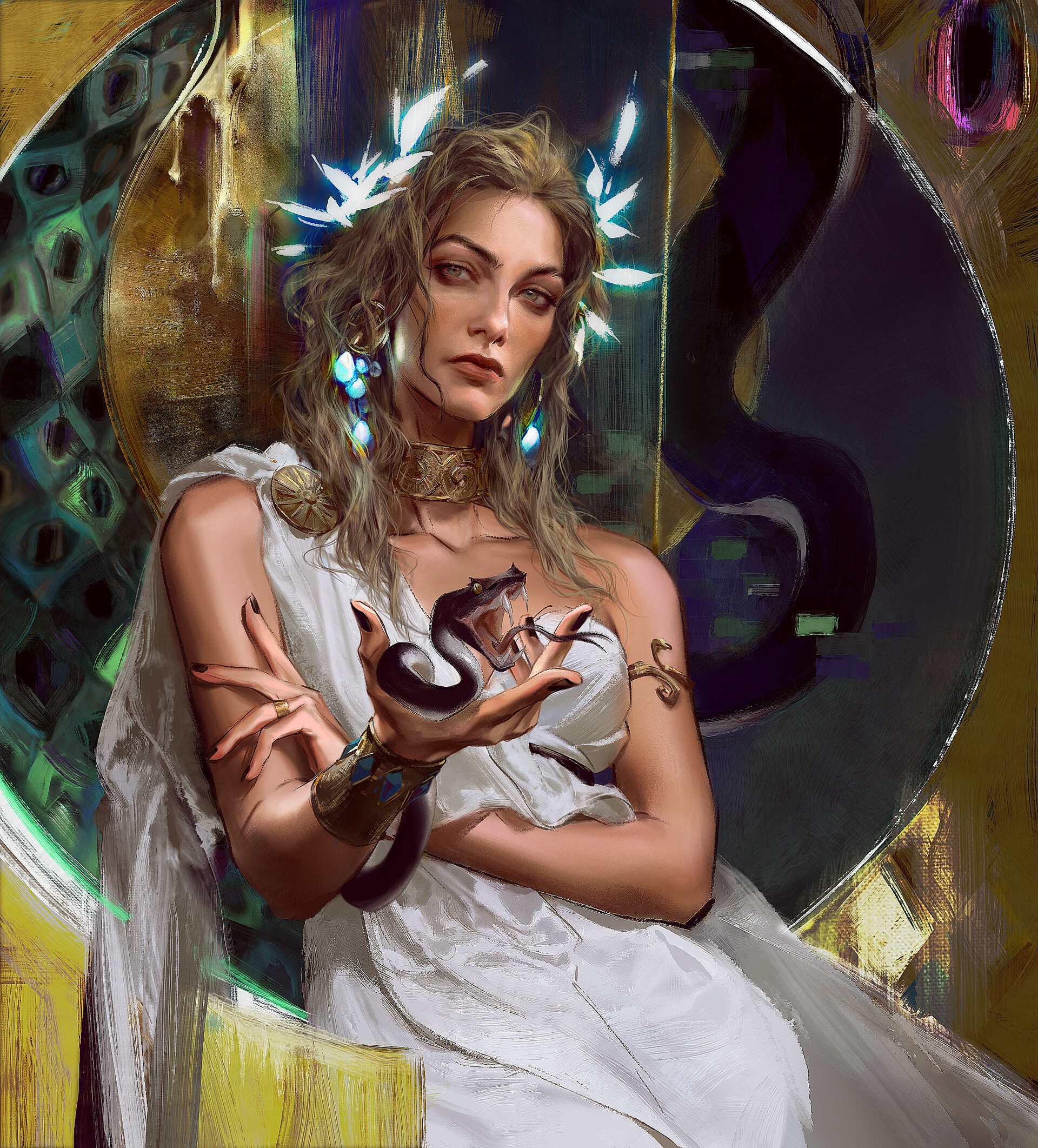 Fantasy art of a woman holding a snake HD Wallpaper