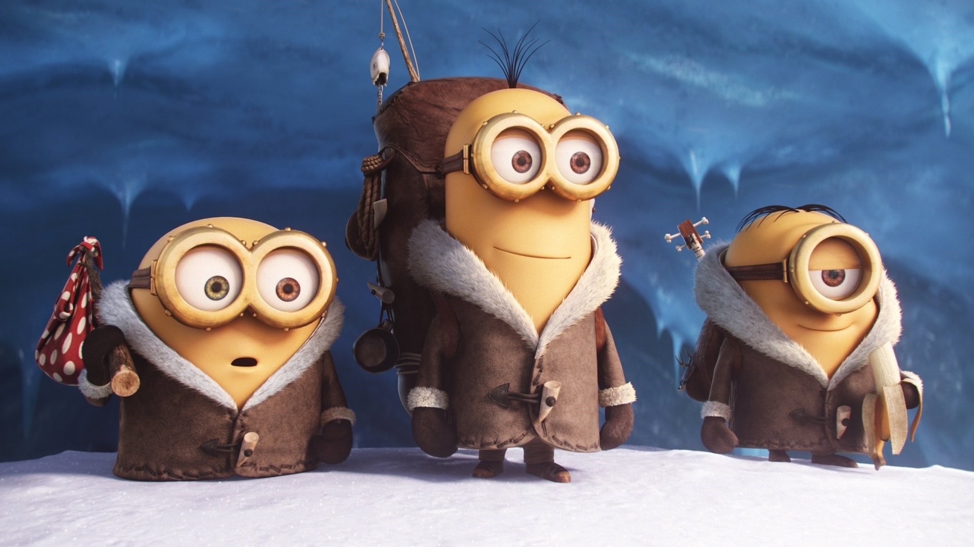Minions in winter coats in an icy cave HD Wallpaper