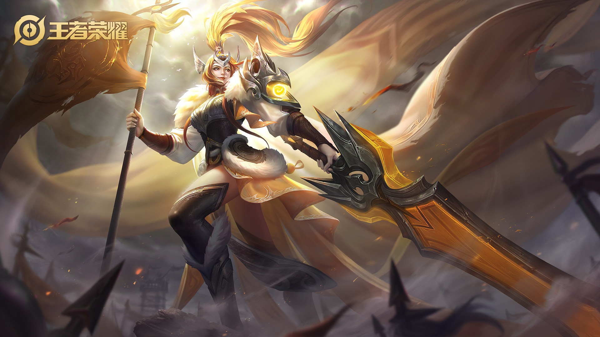 Honor of Kings: Female warrior with sword and flag HD Wallpaper