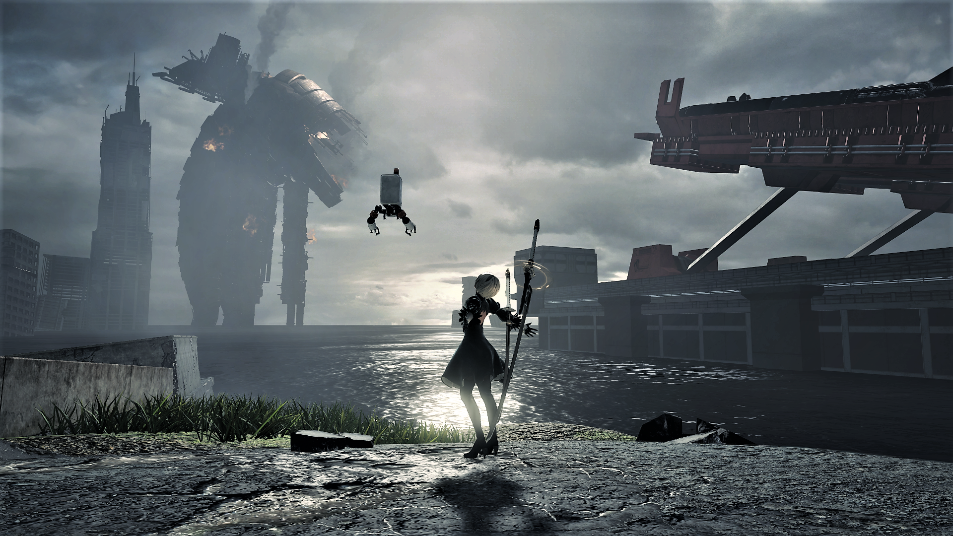 2B from Nier: Automata in a ruined city HD Wallpaper