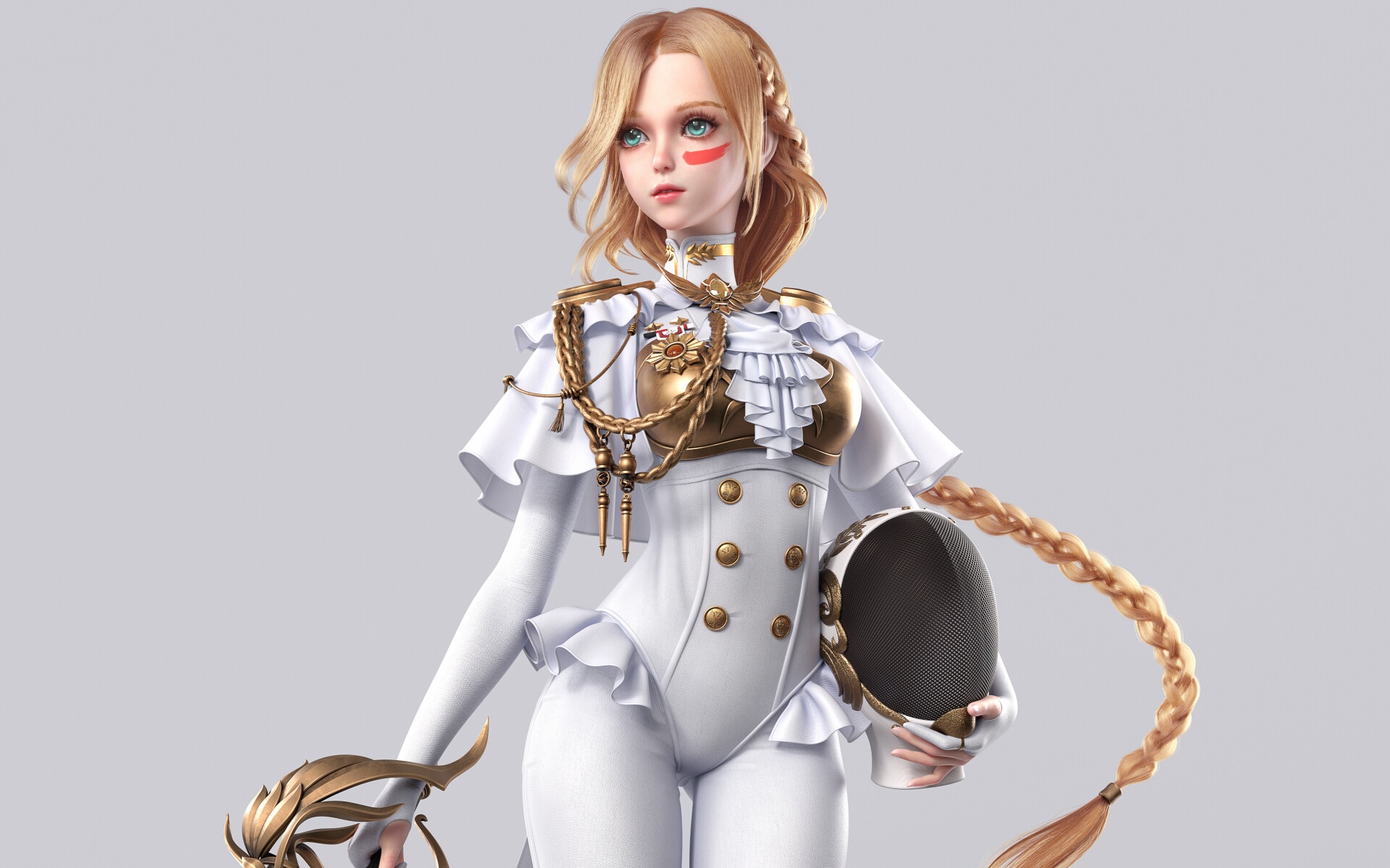 Woman in white fencing uniform holding a mask HD Wallpaper