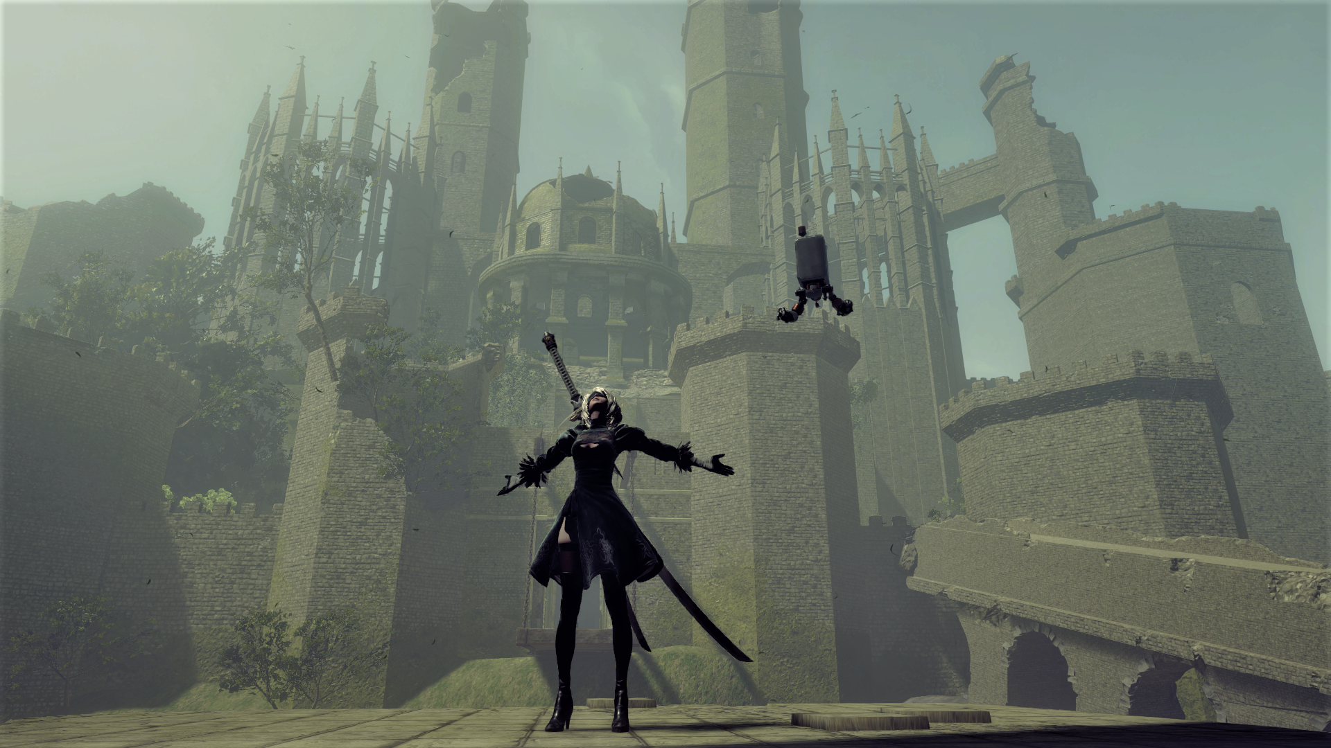 Nier: Automata 2B and Pod in front of castle ruins HD Wallpaper