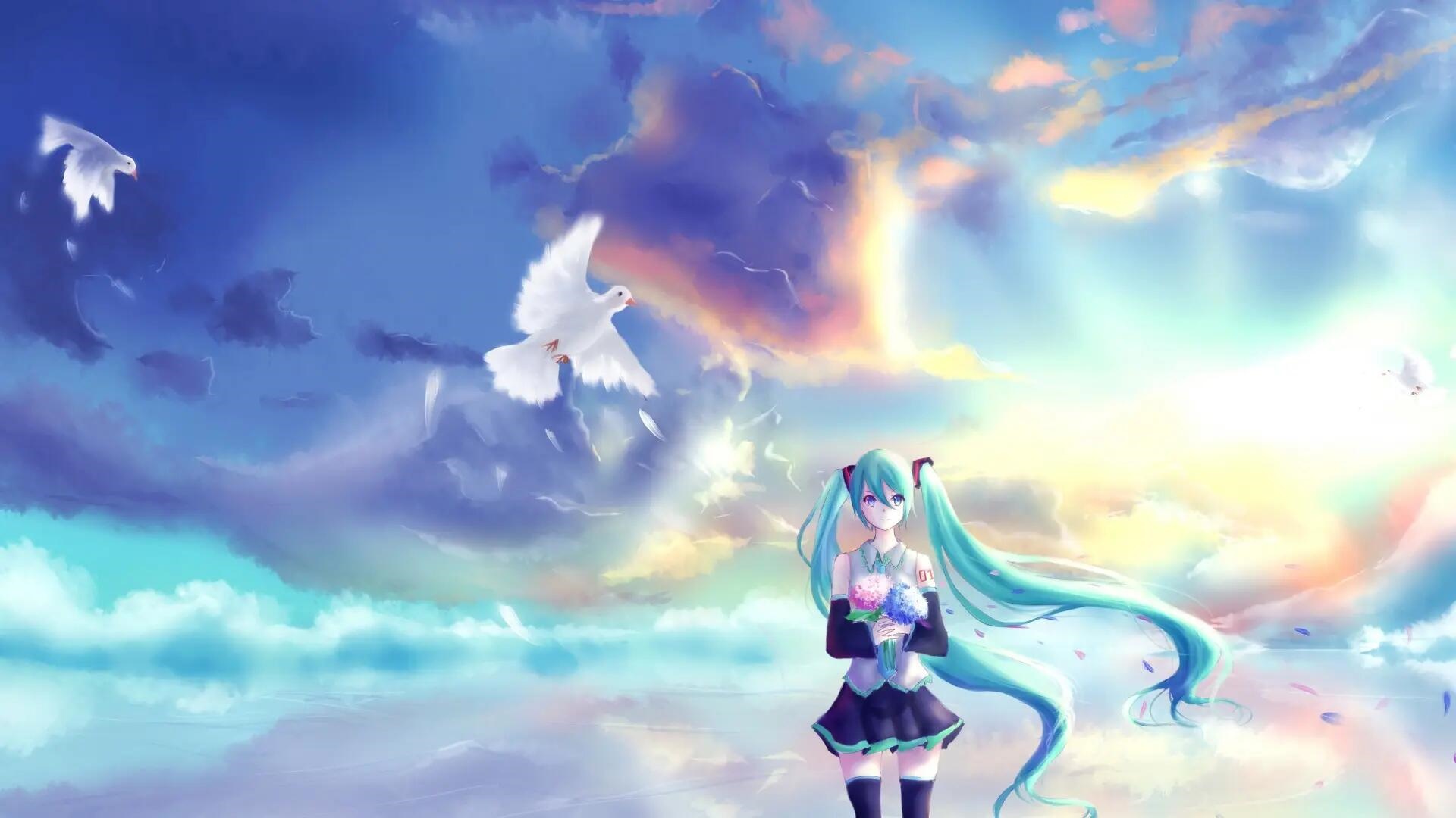 Hatsune Miku with doves in a cloudy sky HD Wallpaper