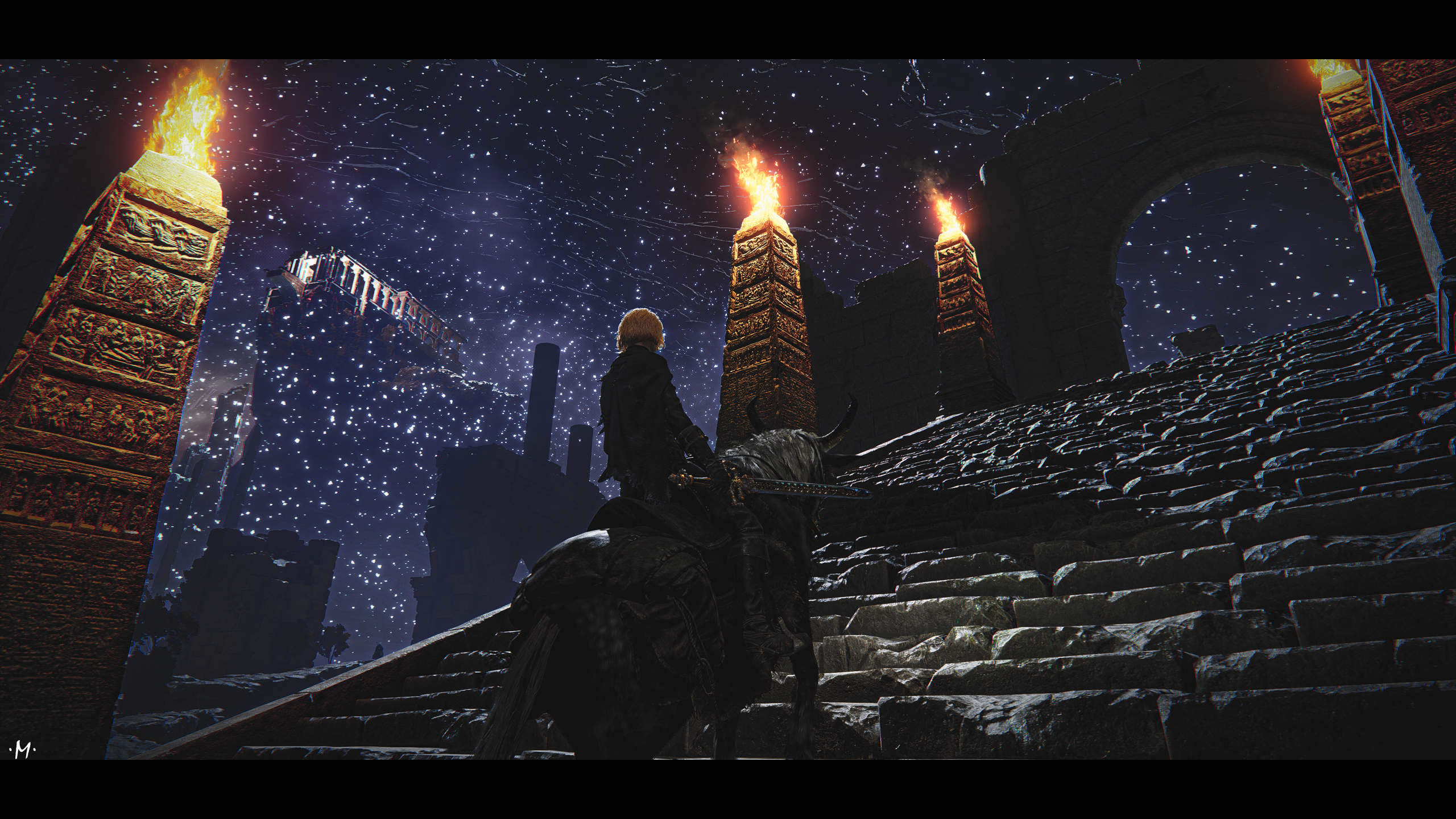 Elden Ring knight on horseback under starry sky HD Wallpaper