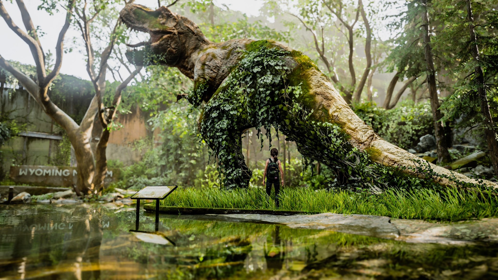The Last of Us: Tyrannosaurus Rex statue in overgrown museum HD Wallpaper