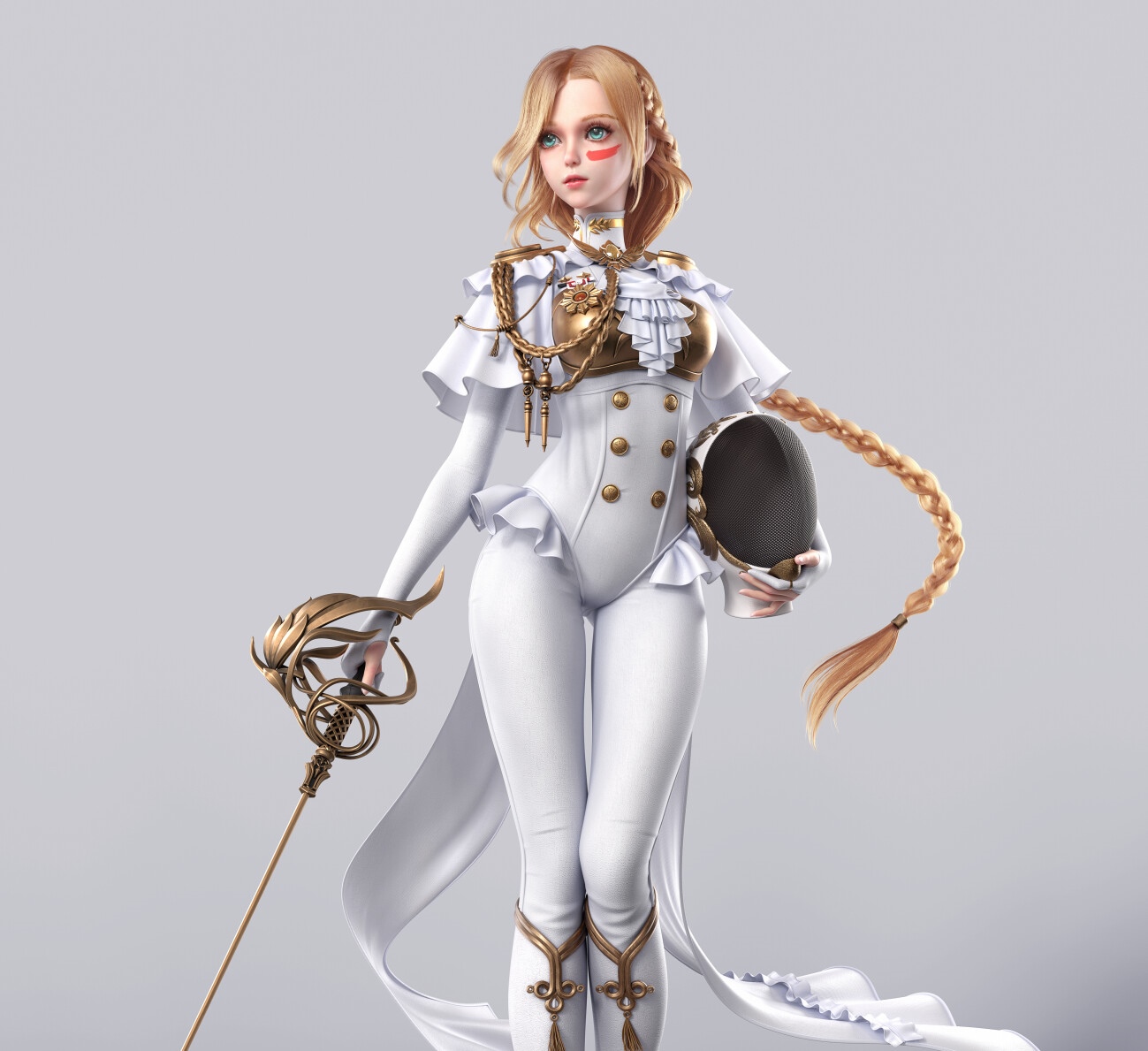 Woman in white holding a rapier and fencing mask HD Wallpaper