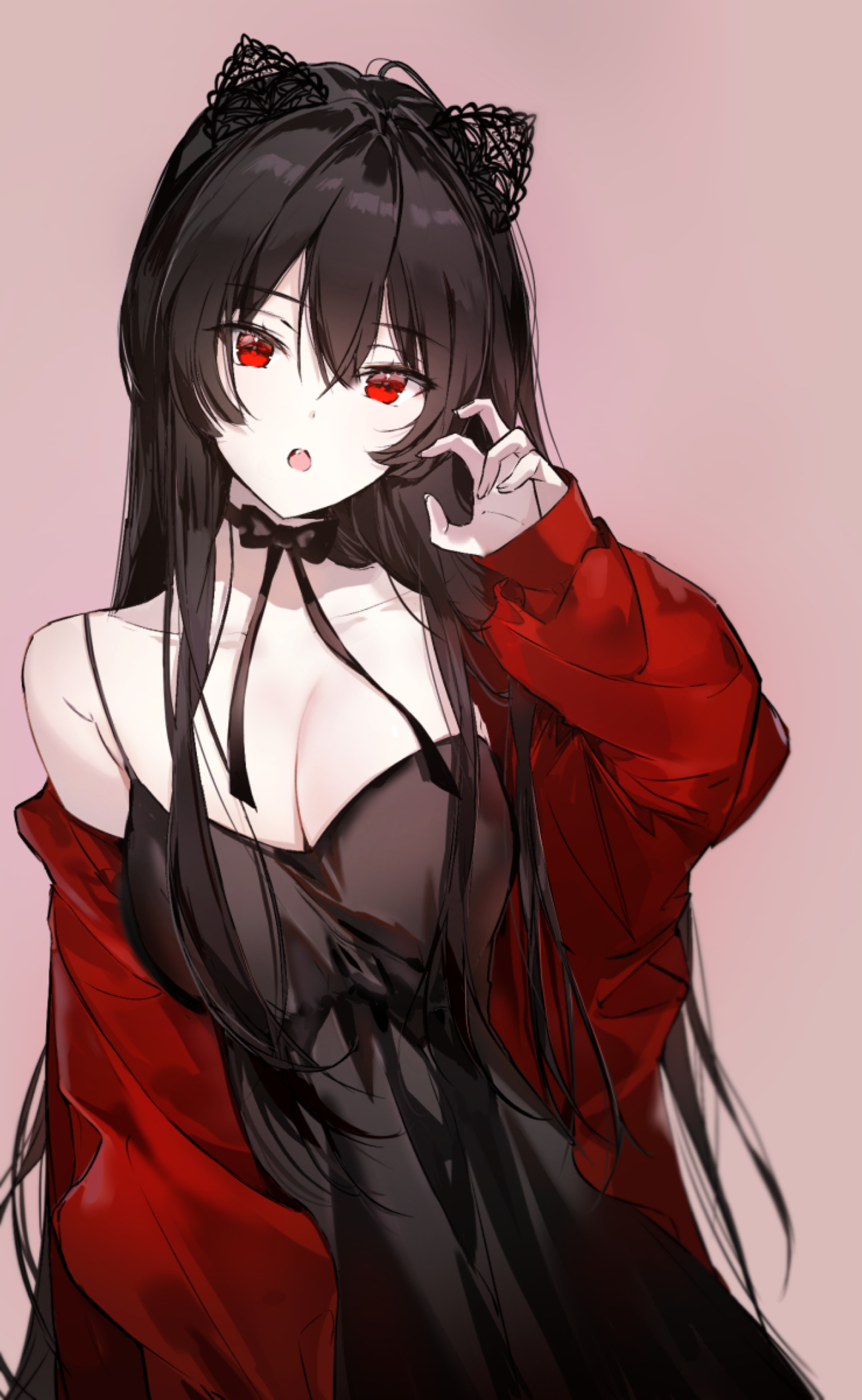 Anime girl with black hair and red eyes wearing a black dress HD Phone Wallpaper