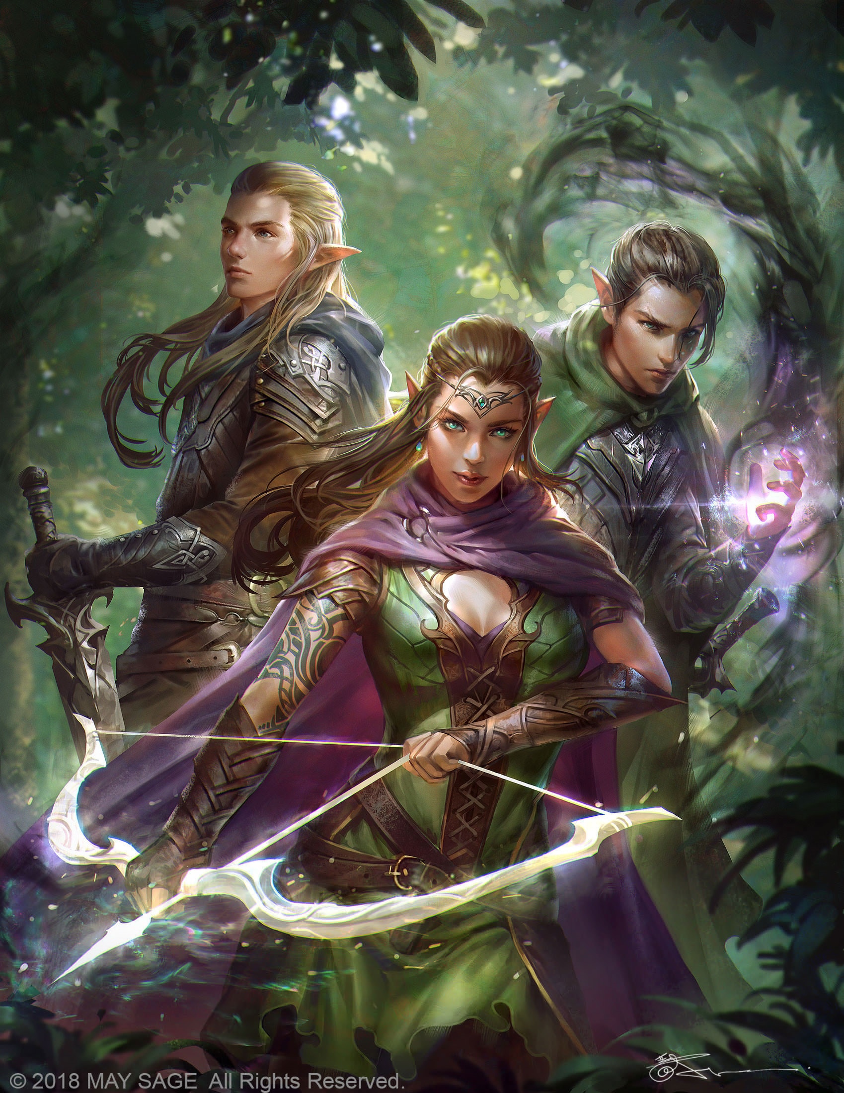 Three elves in a forest with bows and magic HD Phone Wallpaper