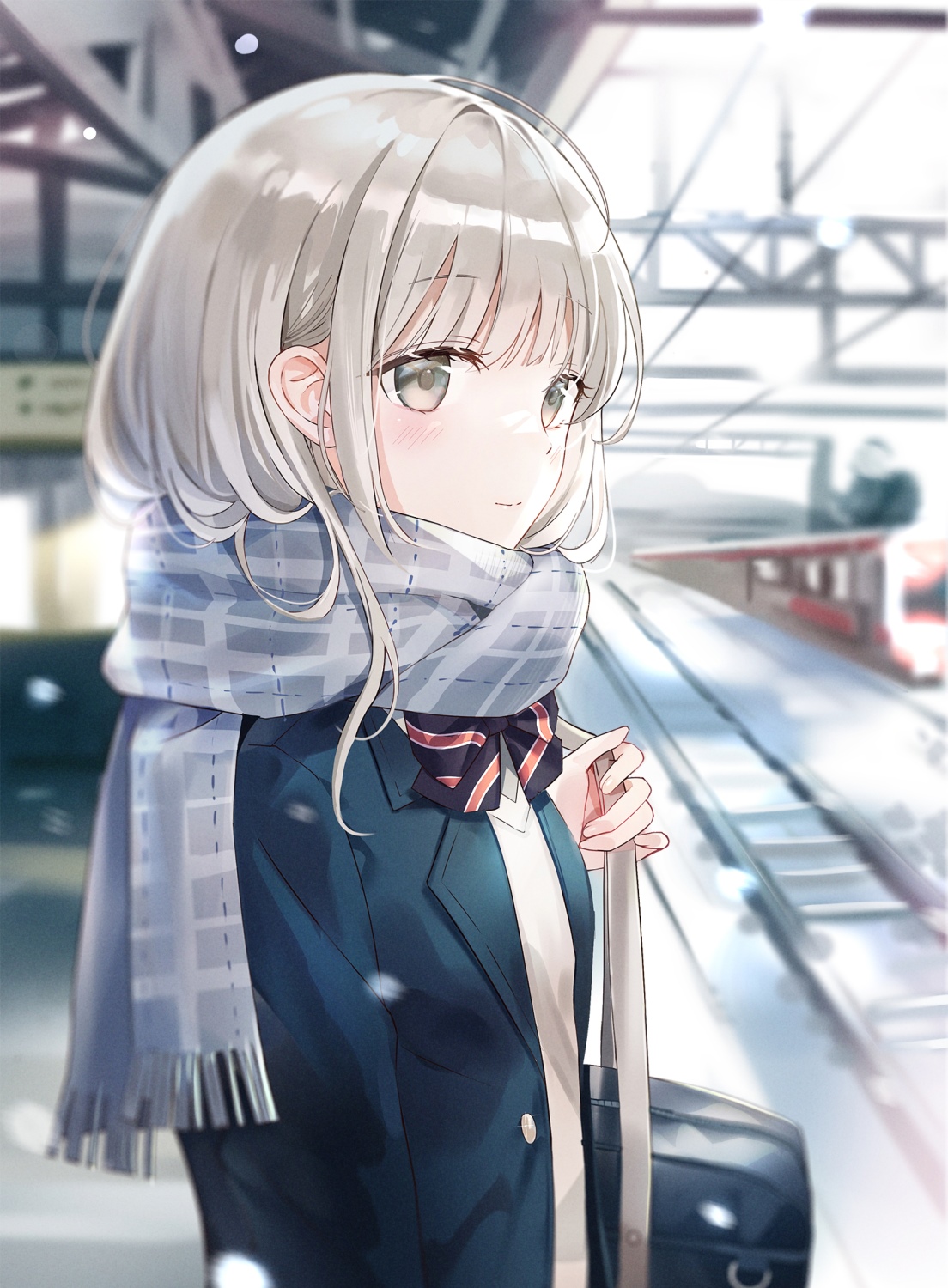 Schoolgirl with scarf at a train station HD Phone Wallpaper