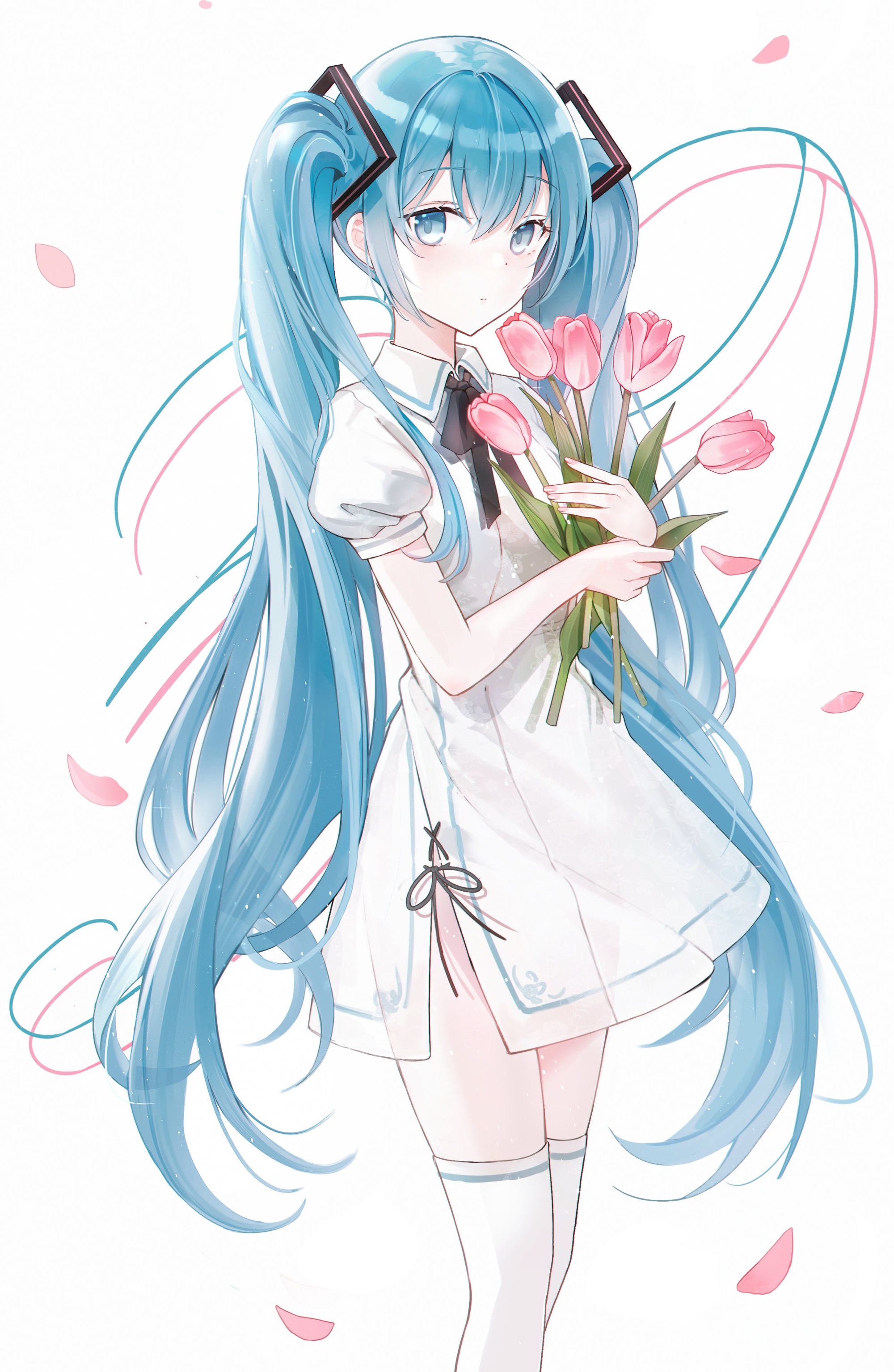 Hatsune Miku holding pink tulips HD Phone Wallpaper