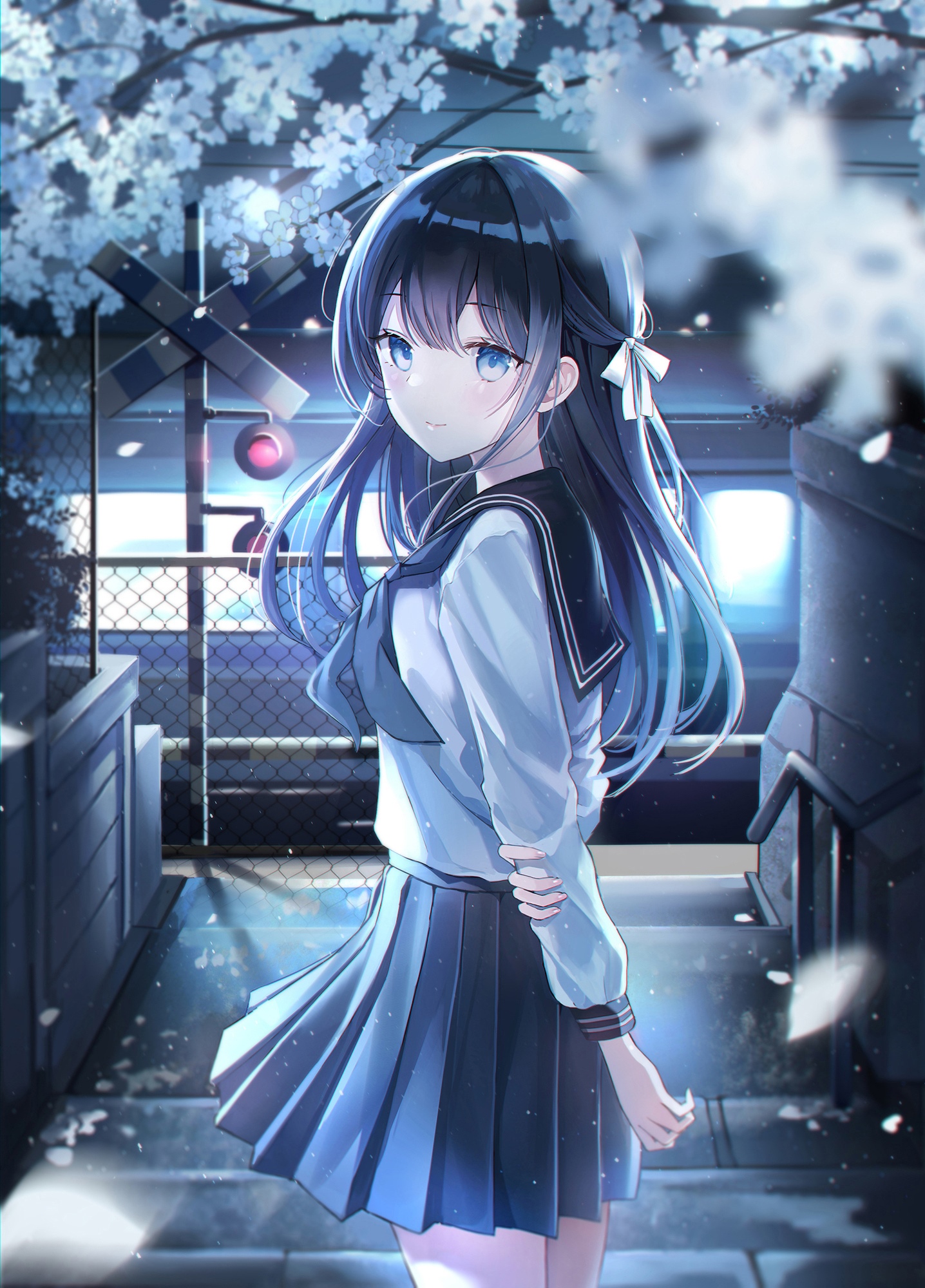Anime girl in school uniform at train crossing HD Phone Wallpaper