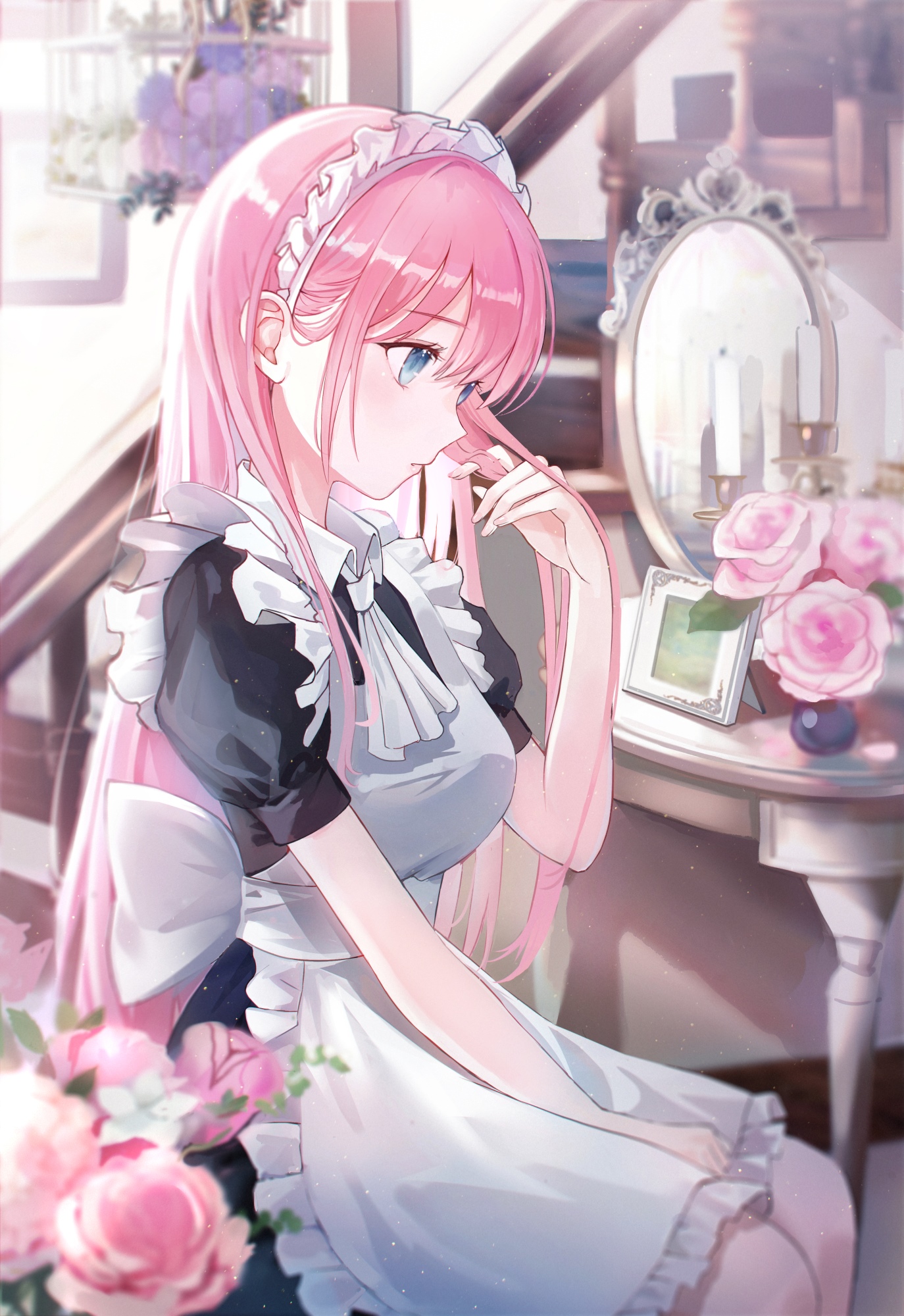 Maid Iren Lovel with pink hair and blue eyes HD Phone Wallpaper