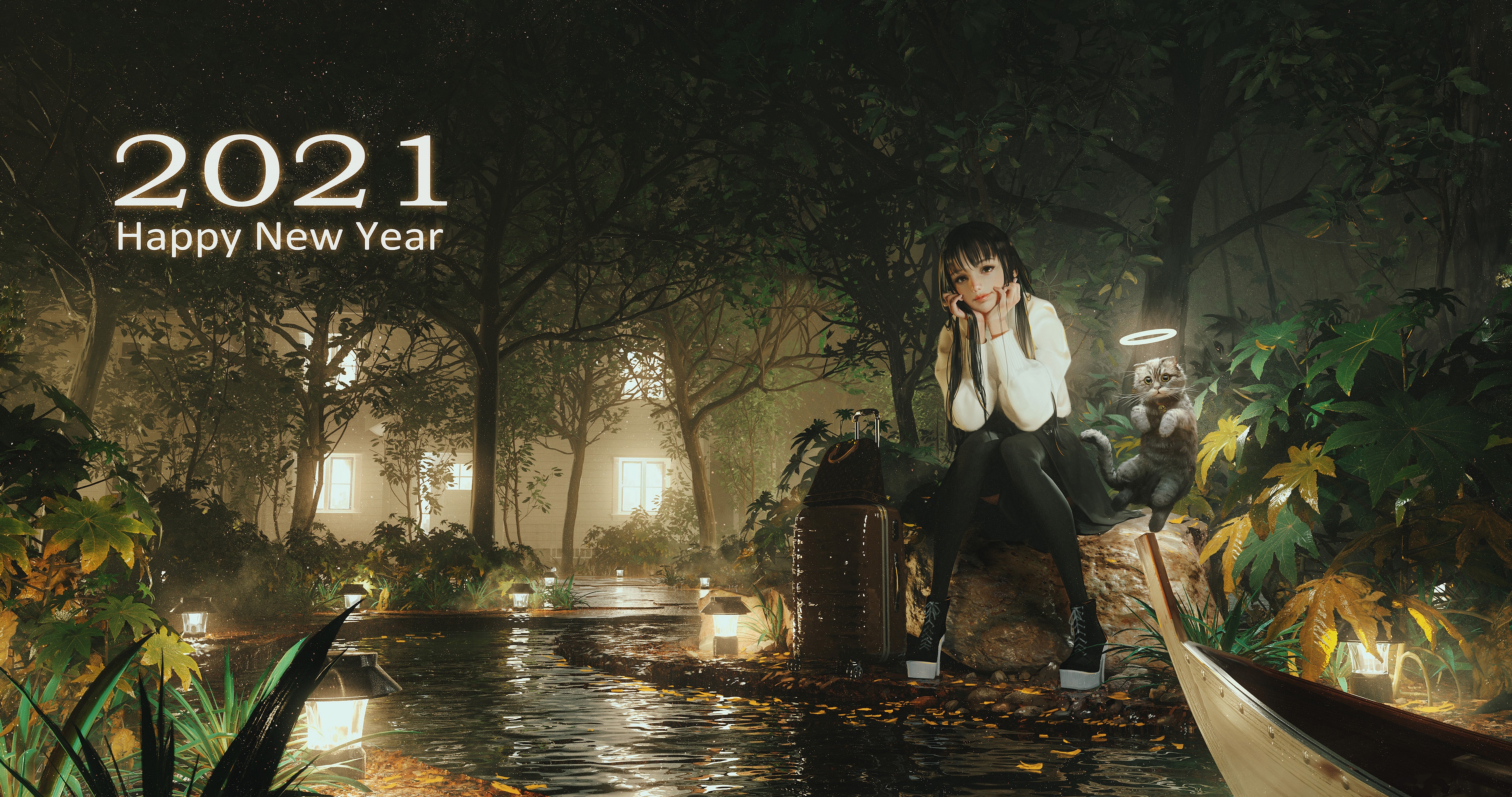 2021 Happy New Year with Rui Li and cat HD Wallpaper