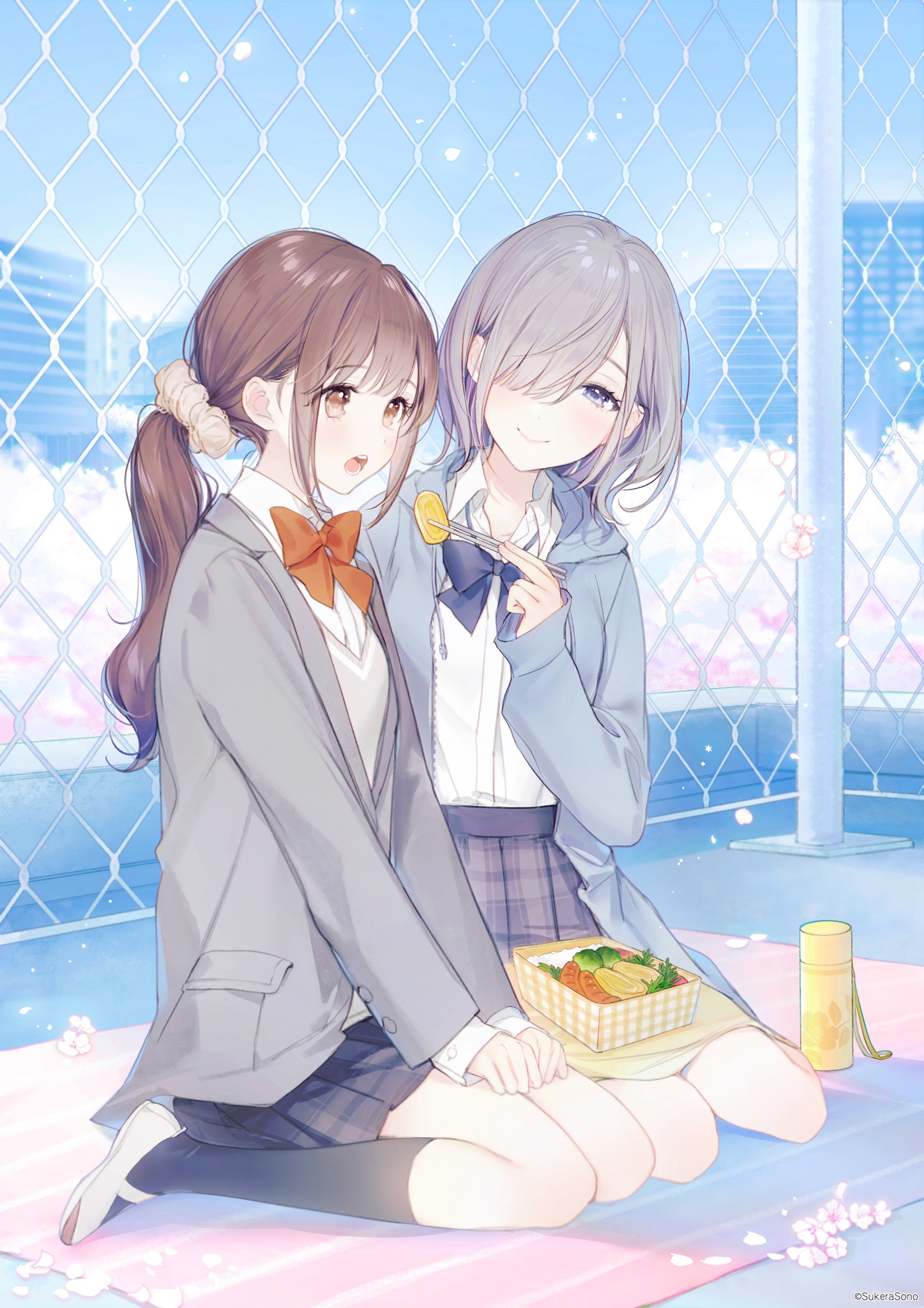 Two schoolgirls eating lunch outdoors HD Phone Wallpaper