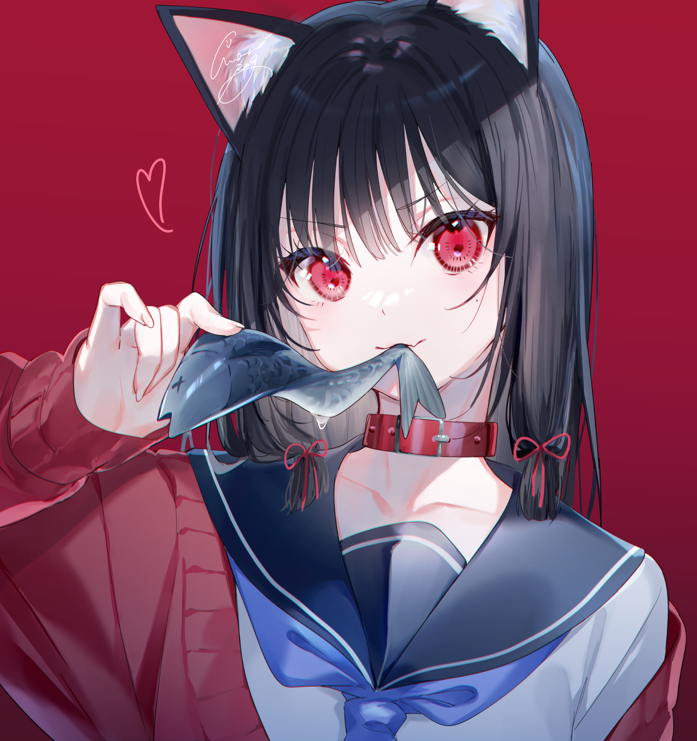 Cat girl with red eyes eating a fish HD Wallpaper