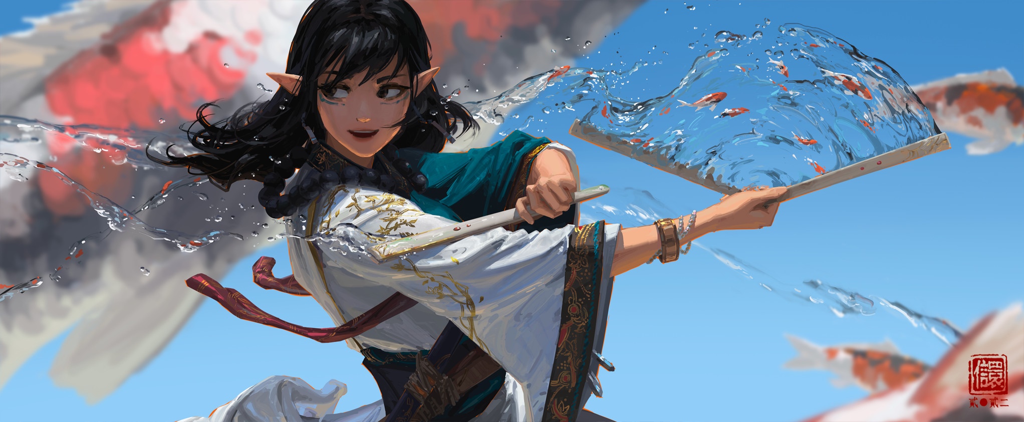 Fantasy girl with pointy ears and koi fish HD Wallpaper