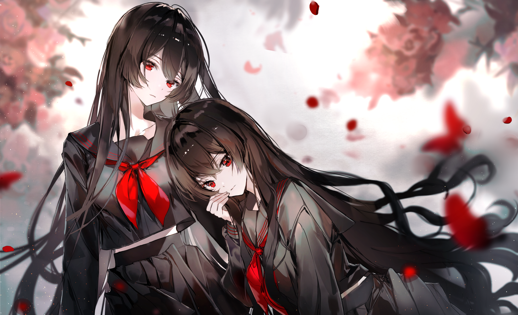 Two anime girls with red eyes and black hair HD Wallpaper
