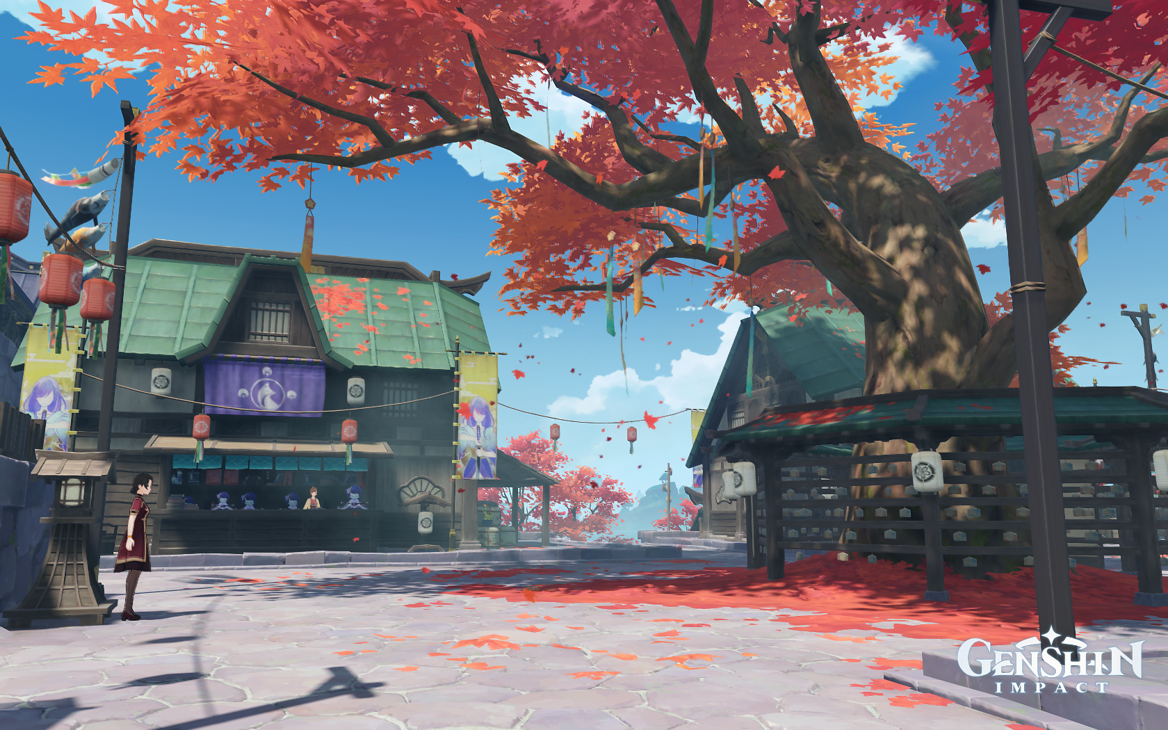 Genshin Impact Inazuma street with autumn trees HD Wallpaper