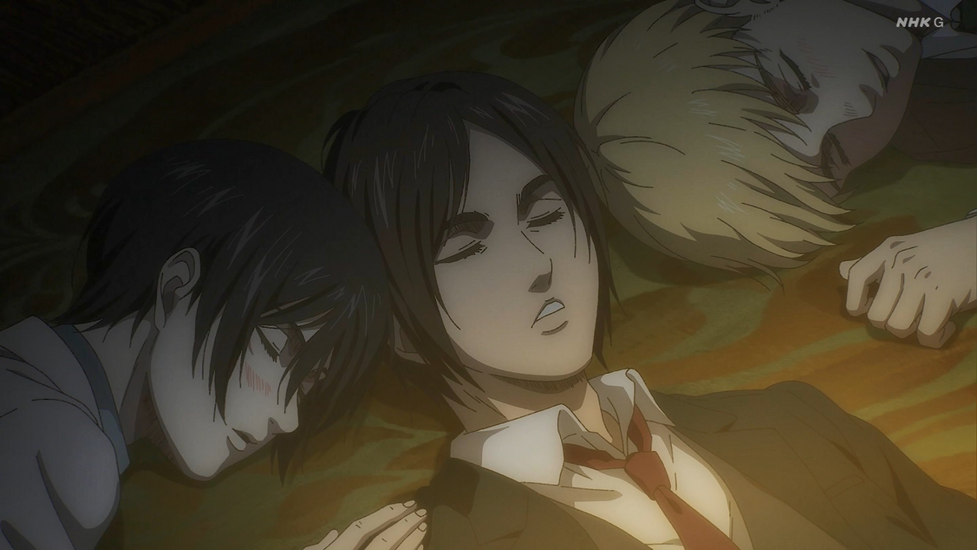 Eren, Mikasa, and Armin sleeping HD Wallpaper