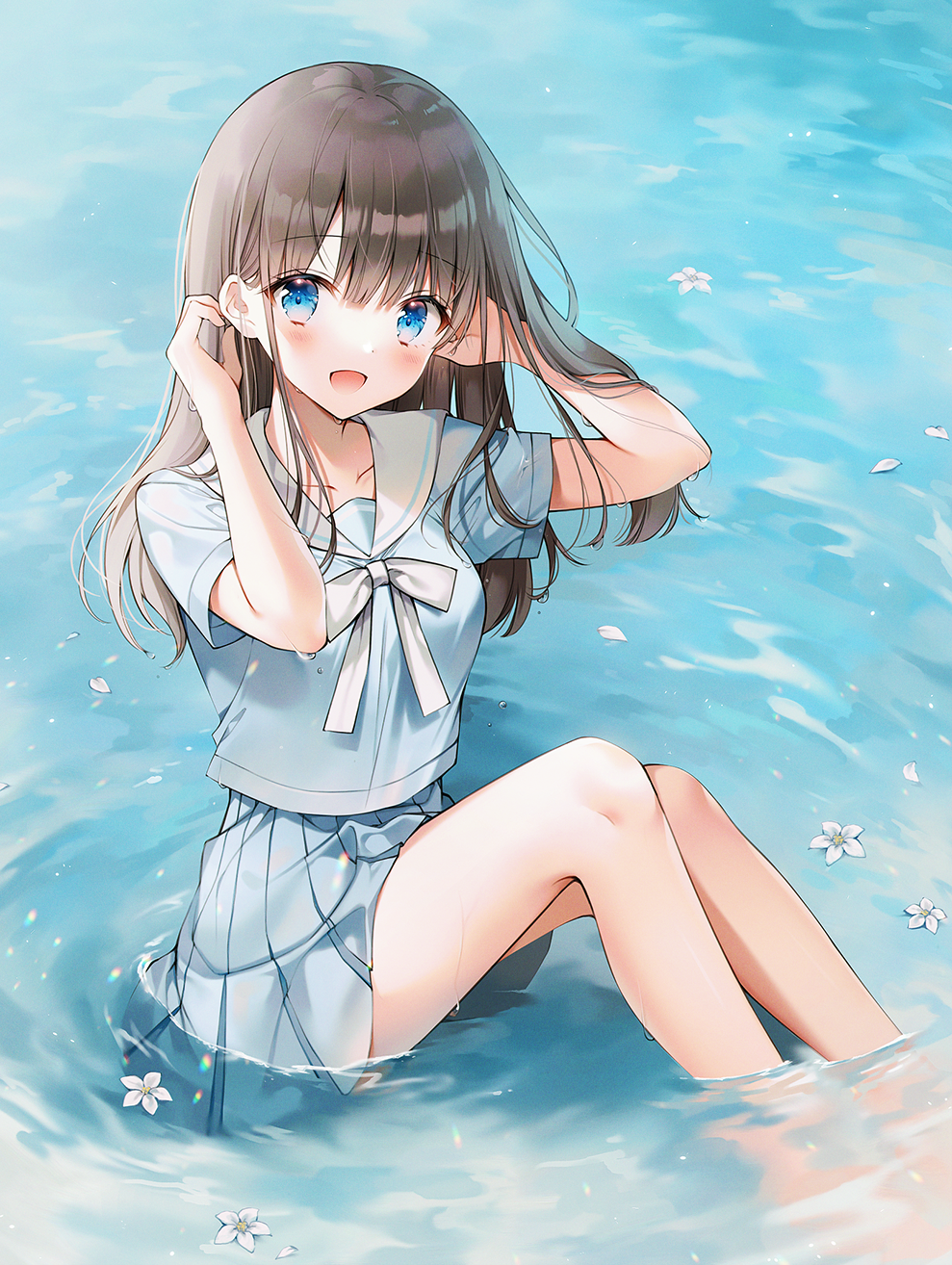 Anime girl with dark hair and blue eyes in water HD Phone Wallpaper