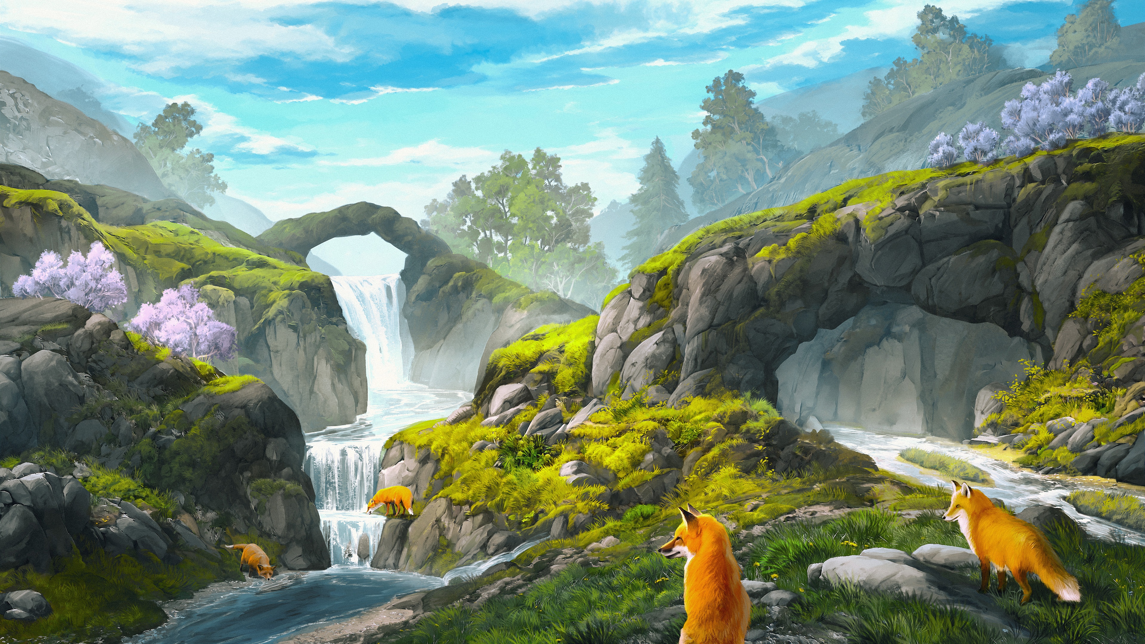 4K landscape with foxes near a waterfall HD Wallpaper